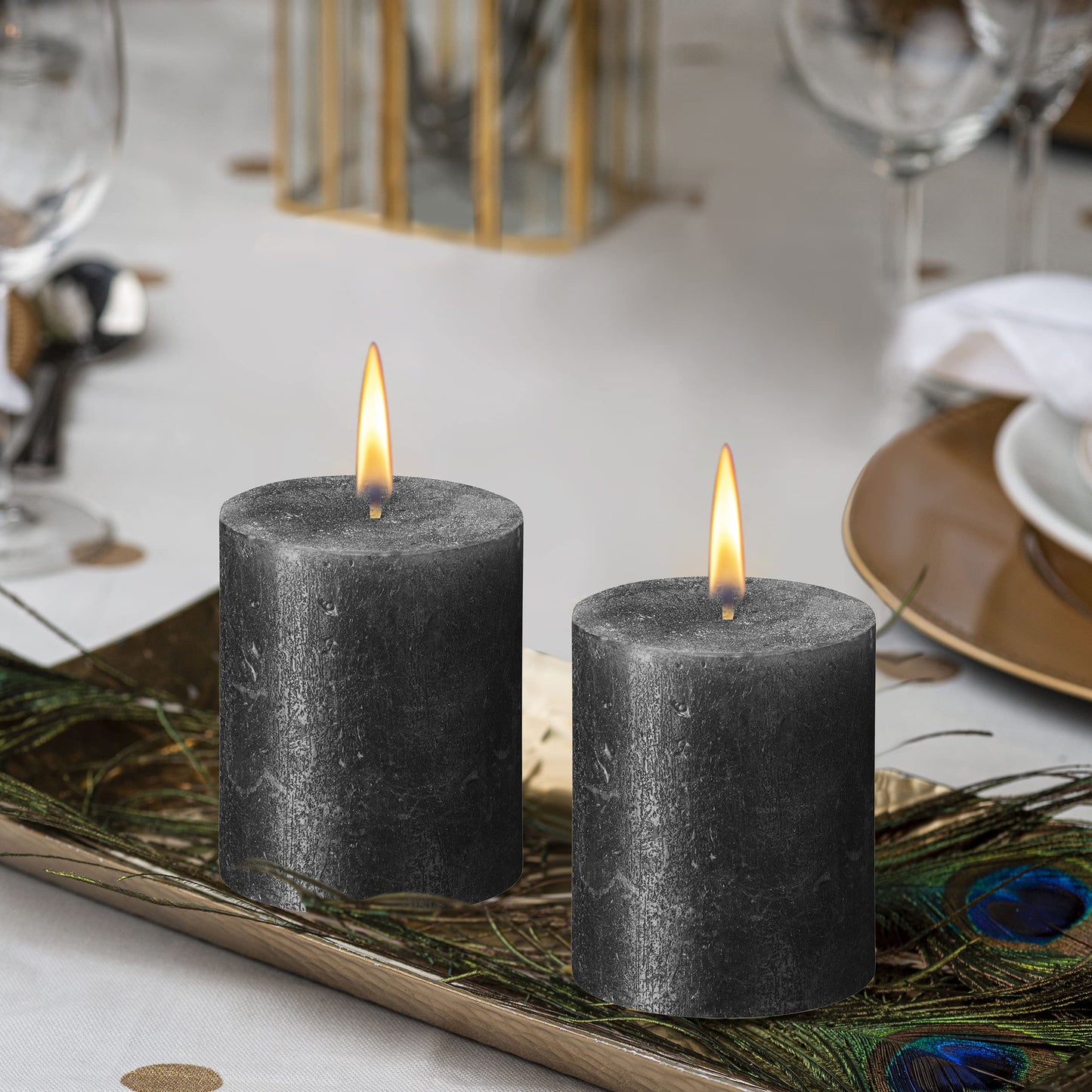 BOLSIUS Anthracite Black Shimmer Metallic Pillar Candles 4 Pack - 2.75 X 3.25 Inches - Premium European Quality - Includes Natural Plant-Based Wax - Unscented Smokeless 35-Hour Wedding Candles