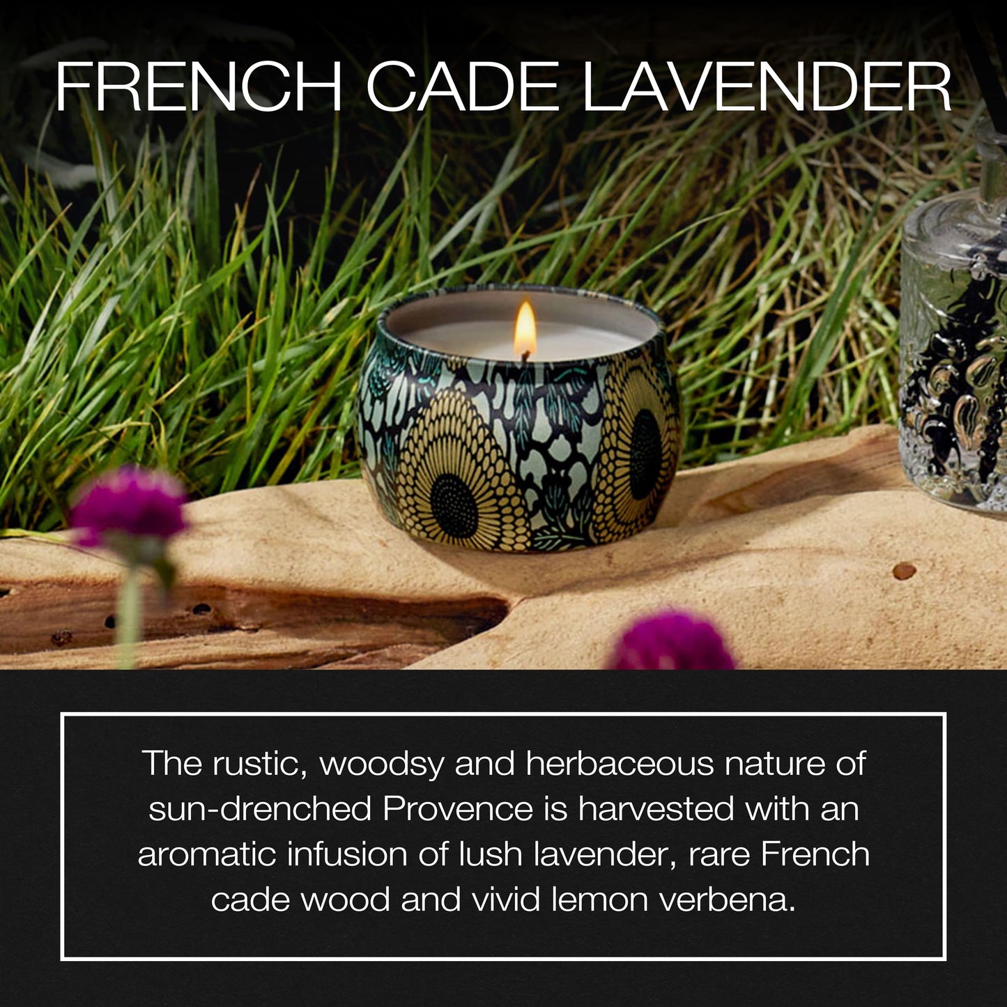 Voluspa French Cade Lavender, Mini Tin Candle, 4 oz, 25 Hour Burn Time, Coconut Wax for Clean Burning, Handcrafted in the USA
