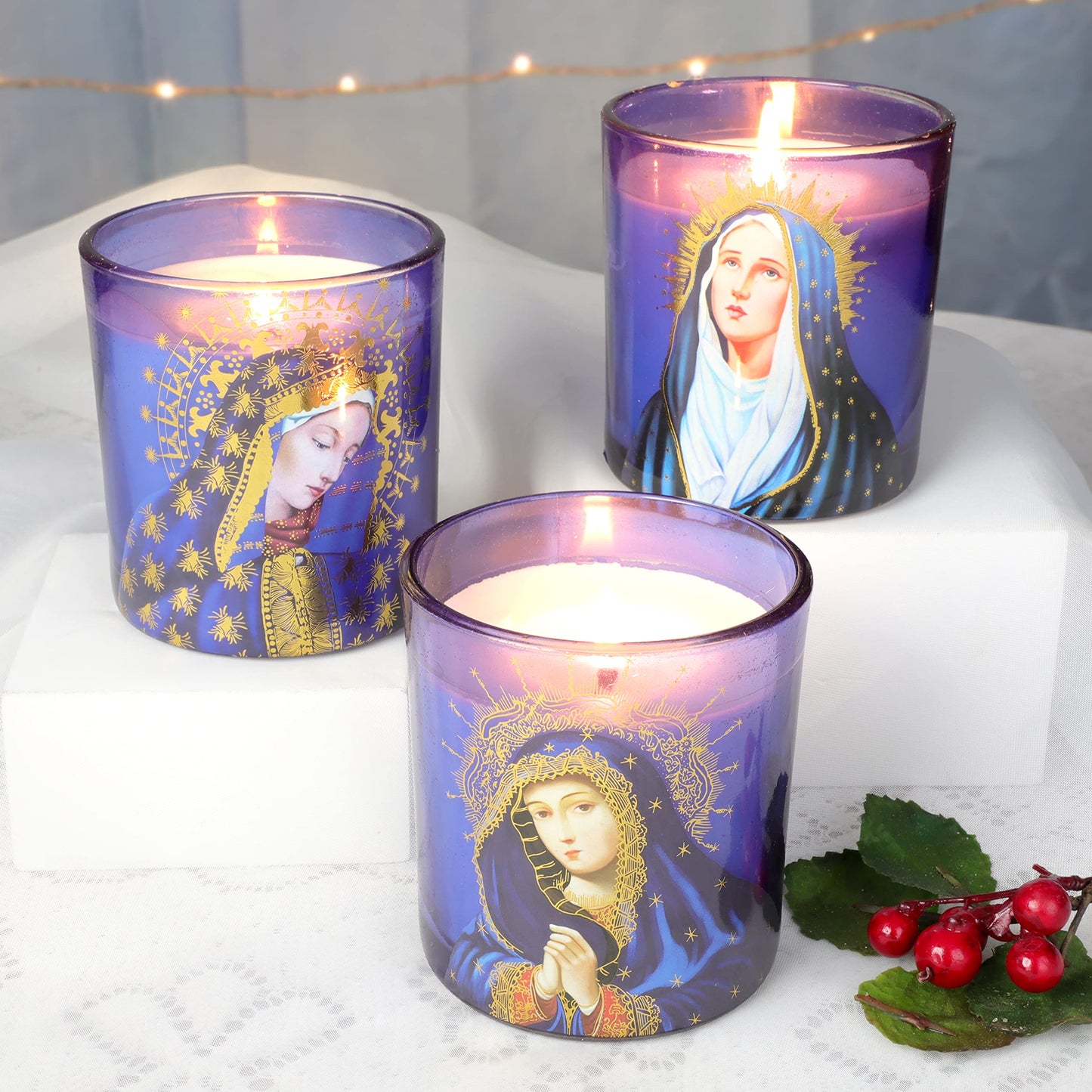FLAVCHARM Blessed Virgin Mary Scented Candles - Set of 3 Purple Glass Votive Candles for Church Vigil Devotional and Catholic Home Altar - Long-Lasting Burning, Rosemary Scented Soy Wax Jar Candles