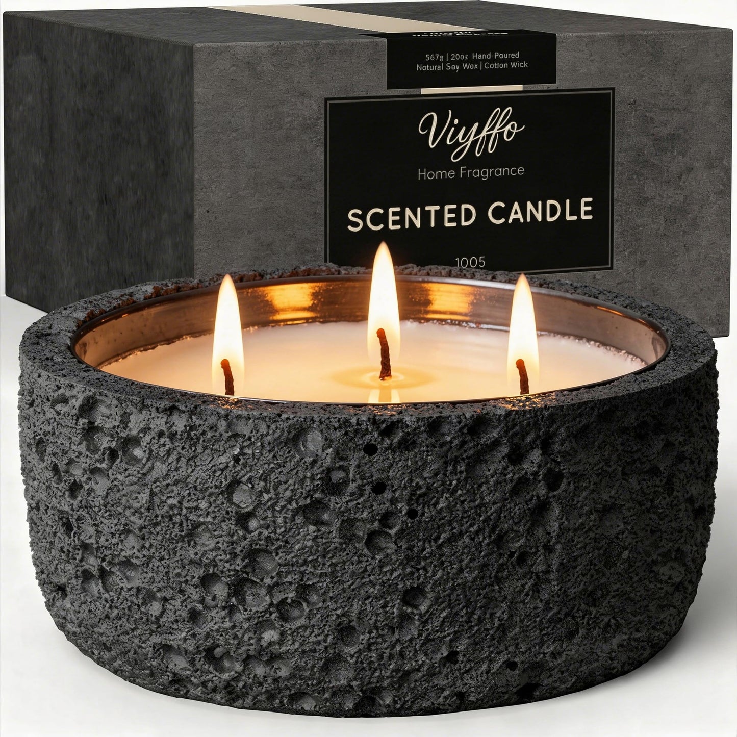 Viyffo 20oz Large Scented Candle - Sage & Eucalyptus, 3 Wick Home Scented Candle, Non Toxic Soy, Black Textured Ceramic Jar, Luxury Fragrance, Modern Home Décor & Summer Gift for Men and Women