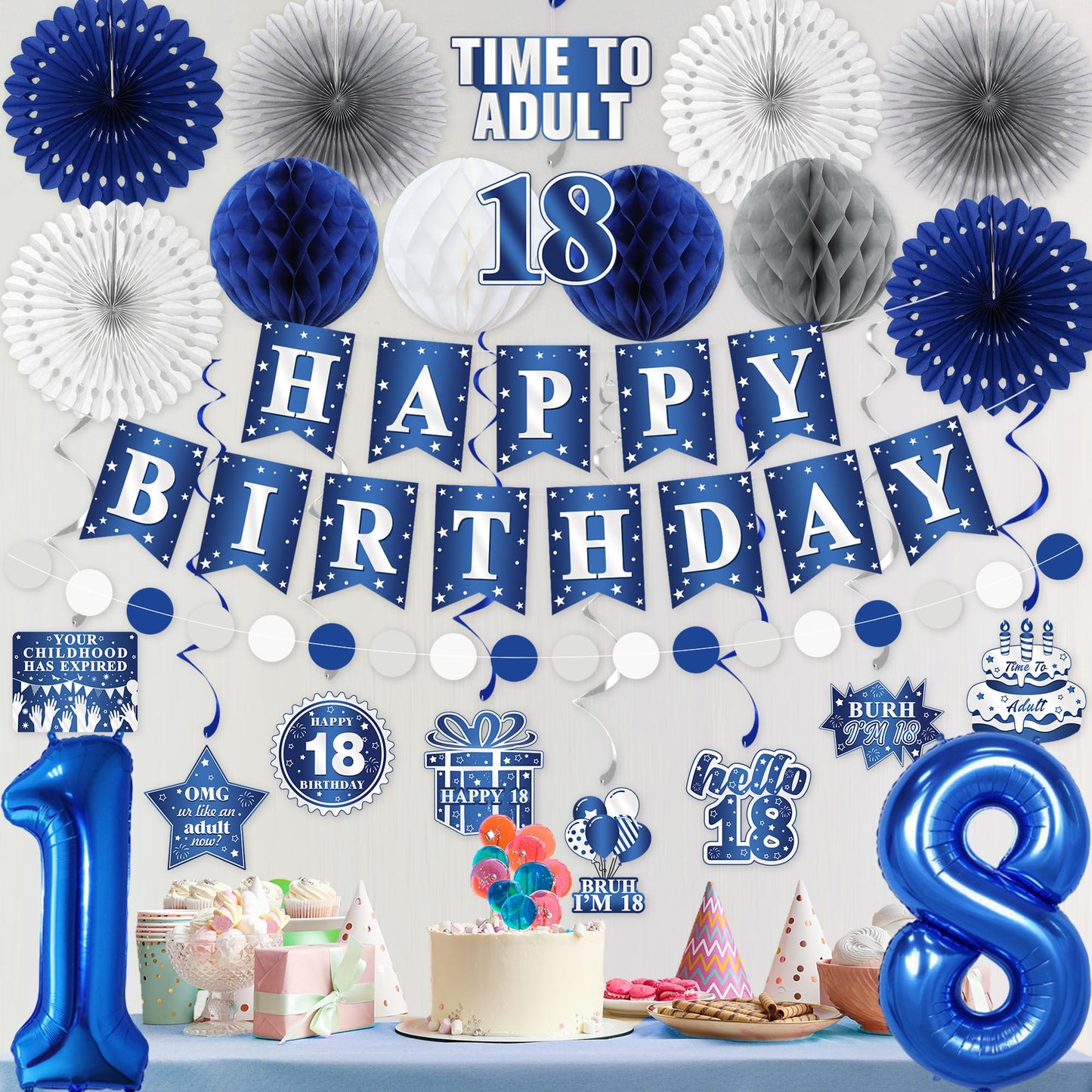 Vlipoeasn 18th Birthday Decorations Set for Boys, Blue Silver 18 Year Old Birthday Banner, Paper Fans,Bruh I'm 18 Party Supplies