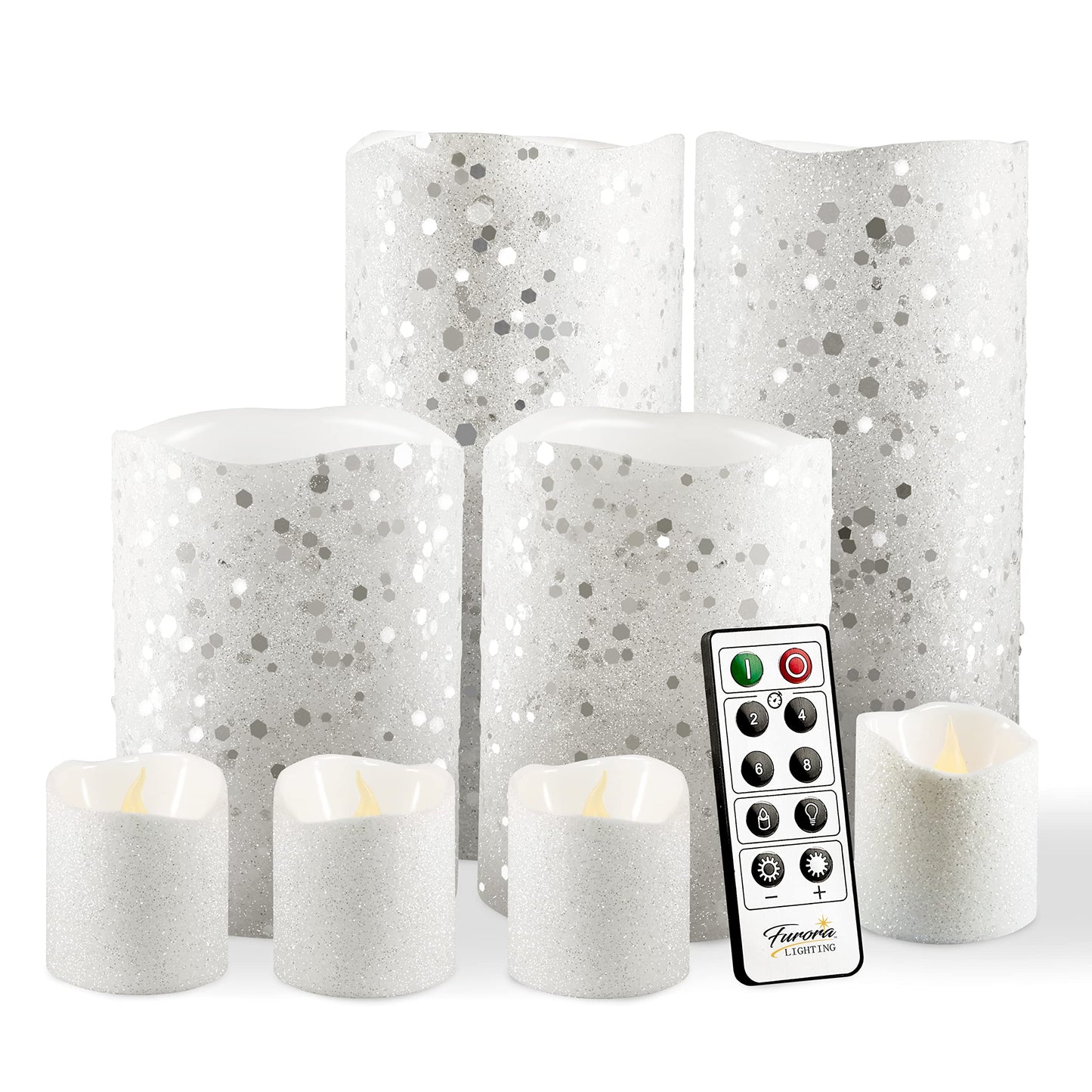 FURORA LIGHTING White Glitter Flameless Candles - Real Wax, Adjustable Brightness, Remote & Timer - 4 Pillars (3x4, 3x6) and 4 Votives, 8-Pack, Battery Operated