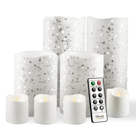FURORA LIGHTING White Glitter Flameless Candles - Real Wax, Adjustable Brightness, Remote & Timer - 4 Pillars (3x4, 3x6) and 4 Votives, 8-Pack, Battery Operated