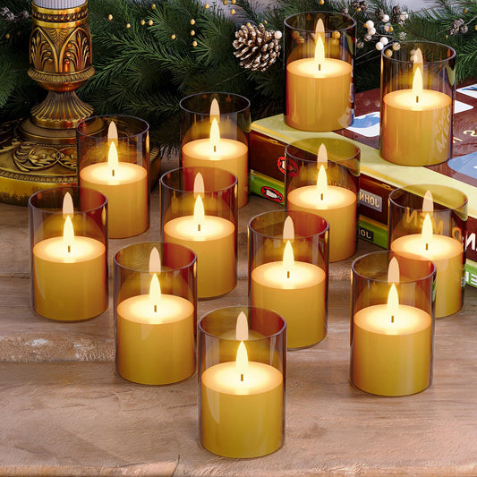 VIODAIM 12Pack Flickering Flameless LED Candles with Timer, Battery Powered - Small Pillar & Votive, Acrylic Made, Gold (2"X3")