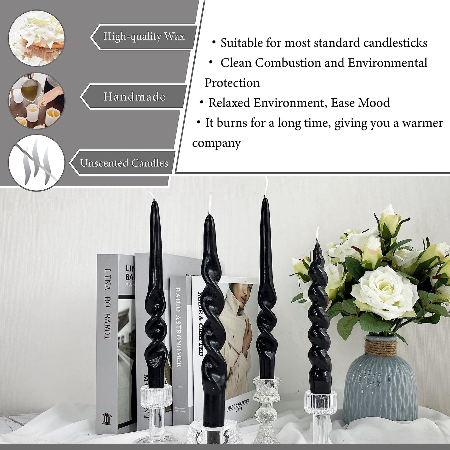 Halloween Candles Unscented Taper Candle - Black Candle Sticks 7.5 inch Handmade Spiral Twisted Candles 4 PCS for Home Decor, Relaxation & All Occasions