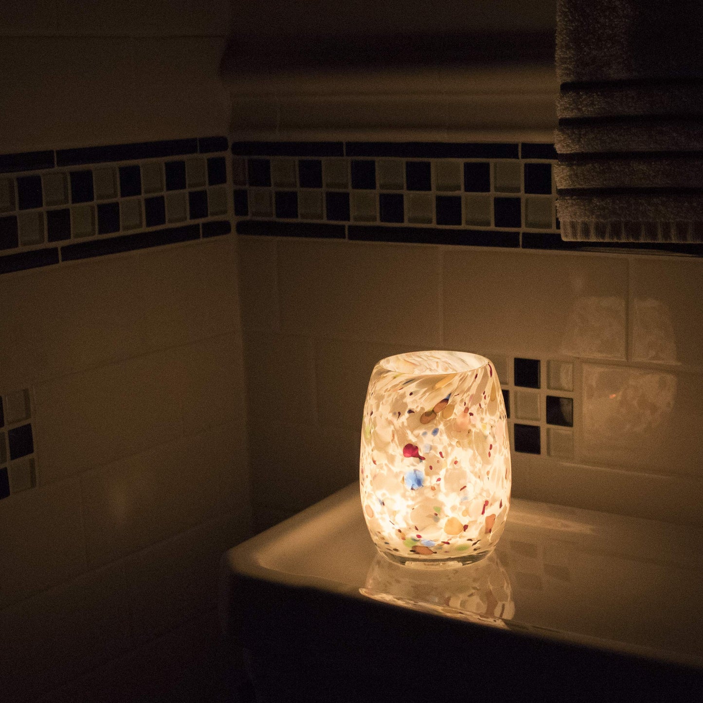 Totally Blown Glassworks Votive Candle Holder, Tea-Light, Handmade Blown Glass, Accent Vase, Centerpiece, Home Decor, Artist Dehanna Jones, Seattle, WA. (White Studio Confetti)