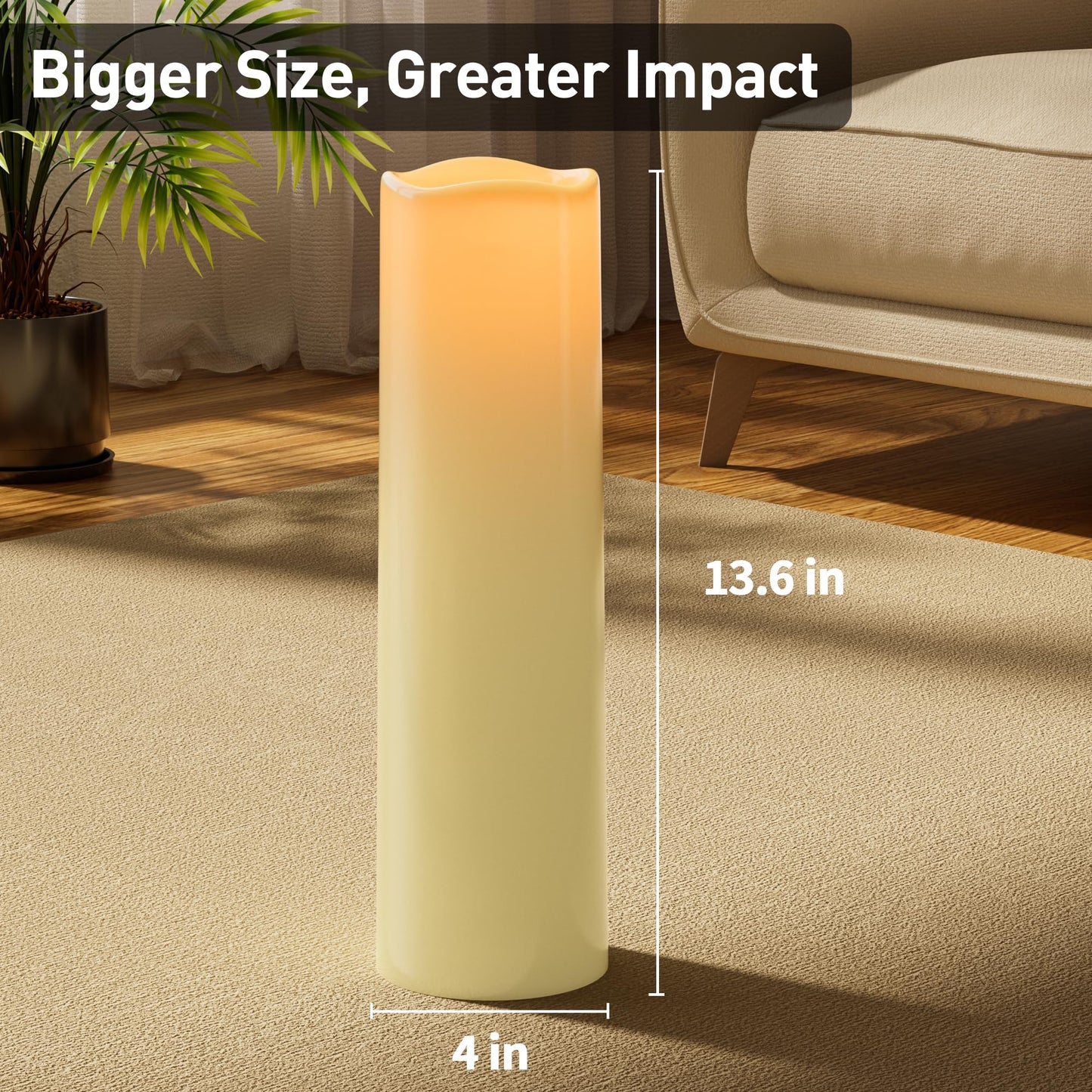 14"×4" Large Outdoor Flameless Candles with Remote Waterproof Battery Operated Candles with Timer LED Pillar Candles Flicking for Home Decoration Porch Wedding Fireplace Lantern, Ivory-Yellow