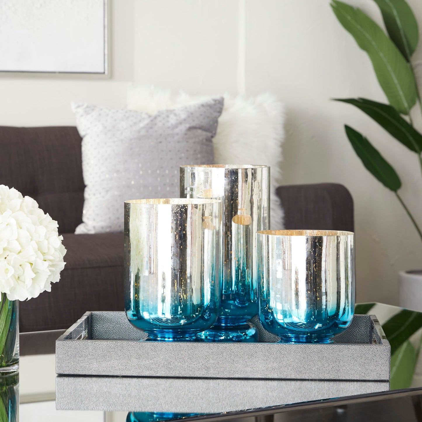 Deco 79 Glass Pillar Candle Holder with Ombre Effect, Set of 3 12", 10", 8"H, Silver