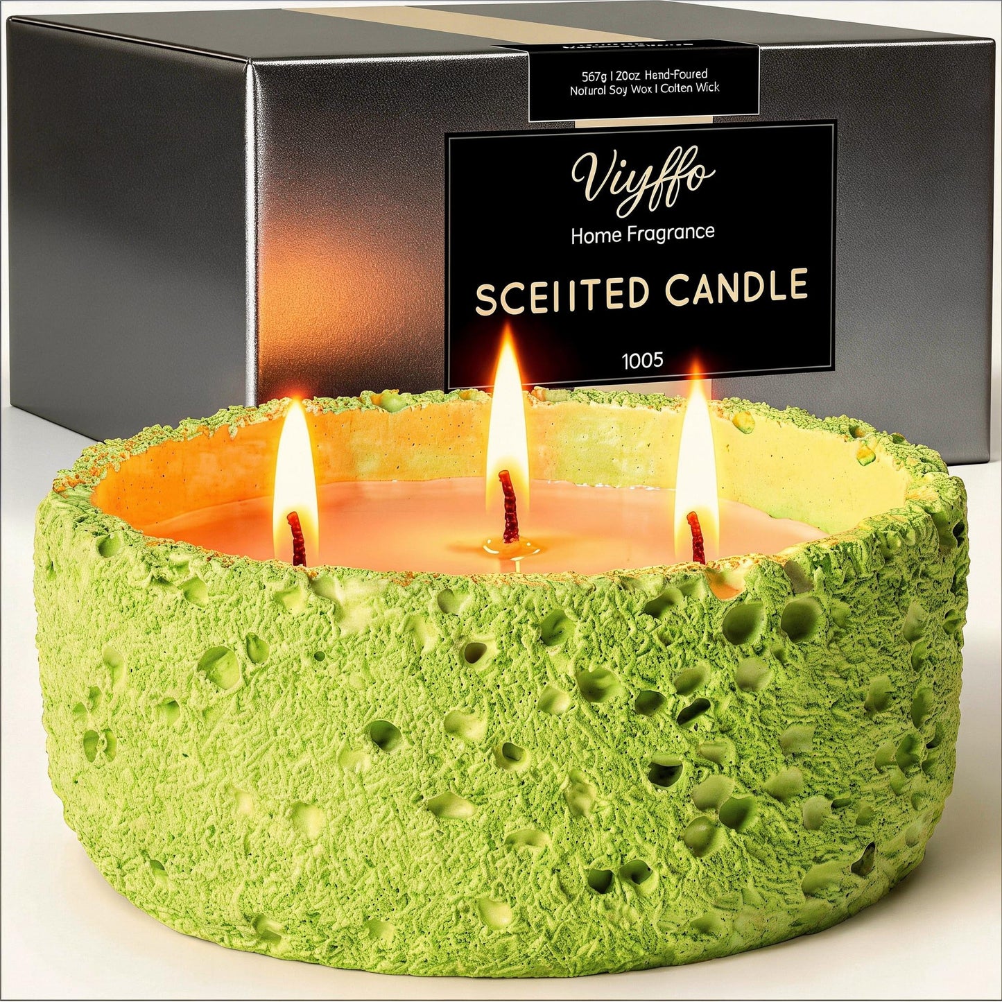 Viyffo 20oz Large Scented Candle - Lemon & Sage, 3 Wick Home Scented Candle, Non Toxic Soy Candle for Women and Men, Lemon Green Textured Ceramic Jar, Luxury Fragrance, Fresh Home Décor & Gift