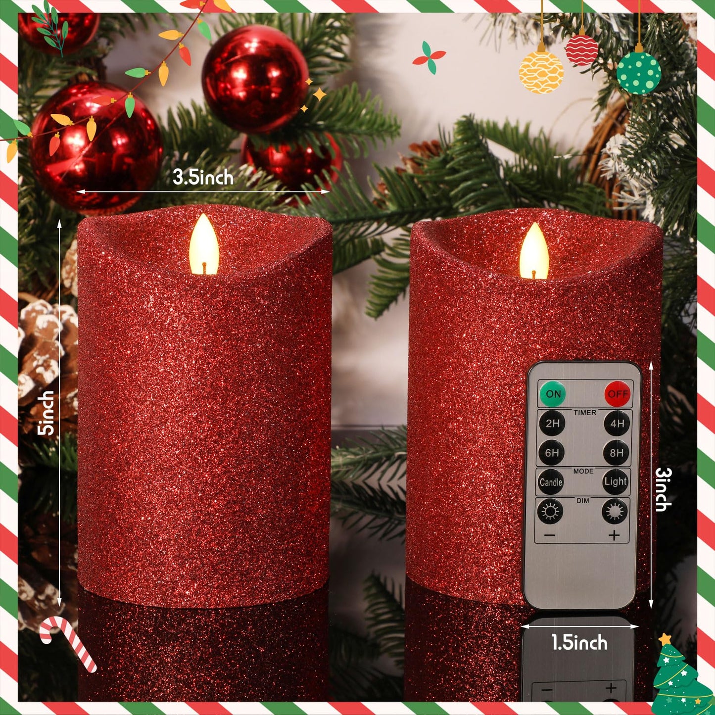 Retisee 4 Pack Valentine's Day Red Glitter Flameless Candles 3.5 x 5 Inches Flickering Flame Wick Pillar Battery Operated Real Wax LED Candles with Remote for Anniversary Wedding Home Decor