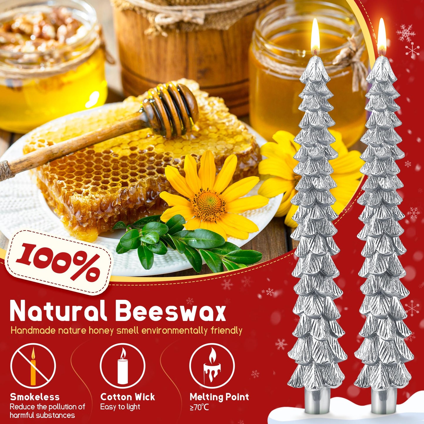 Ceoighe 8 Pack Christmas Tree Candles, 10 Inch Pure Beeswax Christmas Tree Shaped Taper Candles for Xmas Holiday Decor, Advent Party Banquet Centerpiece Decoration(Silver)