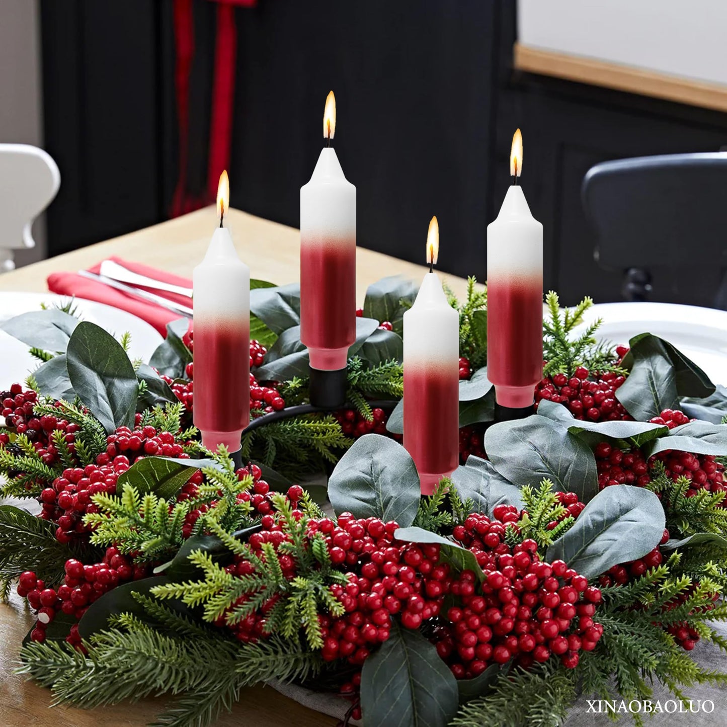 Christmas Metallic Red Candle 5 Inch Short Smokeless Taper Candles 4 Pack Unscented Dinner Candle for Christmas Dinner