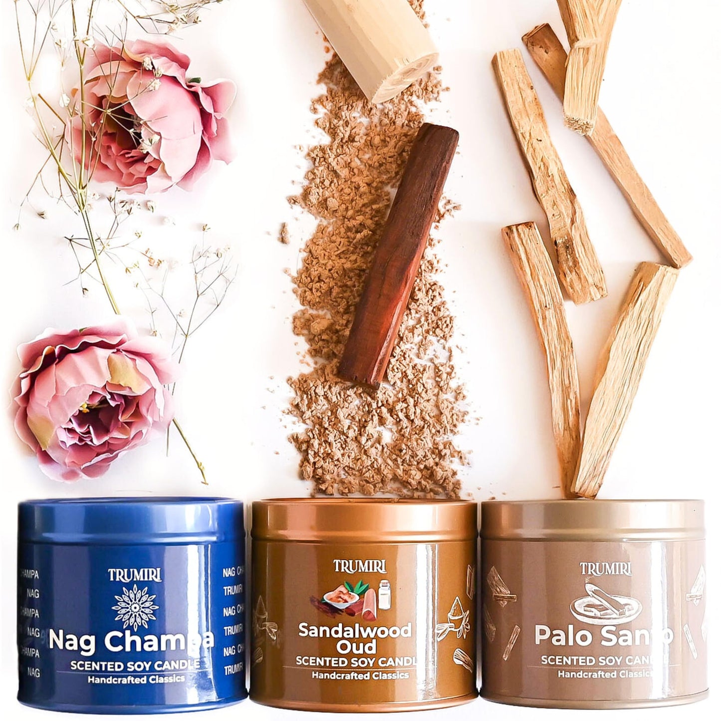 Palo Santo, Nag Champa, Sandalwood Oud - Soy Candles Non Toxic - Highly Scented Long Lasting with Essential Oils - Variety Pack of 3 x 5oz - for Home Aromatherapy Meditation Gift Travel