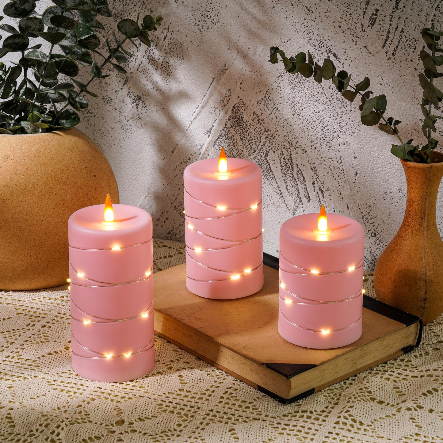Fanzir Rose Pink Flameless Candles with String Lights Battery Operated Flickering LED Pillar Candles with Remote Control Timer, Set of 3 for Living Room, Table Décor, Christmas Weddings