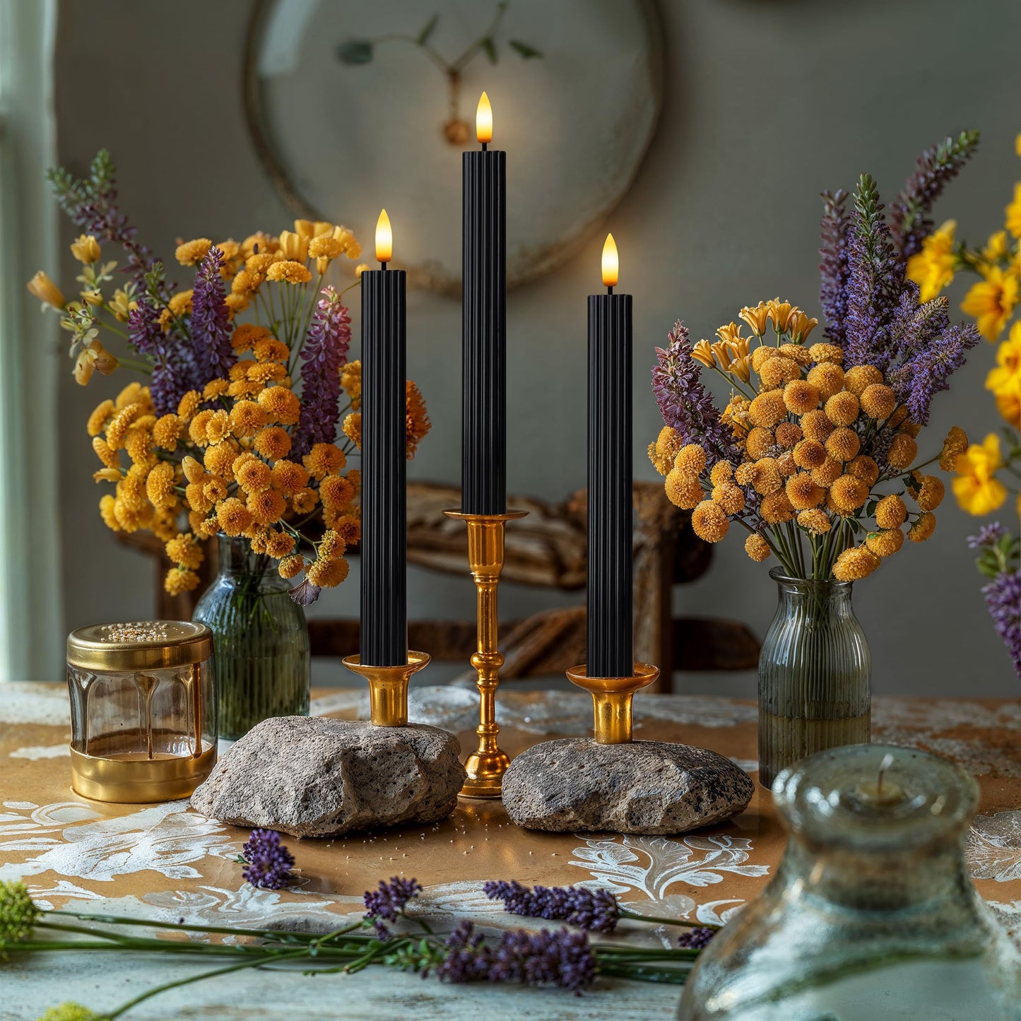 West Ivory 6 Pack, 10" LED Flameless Black Fluted Ribbed Grooved Taper Candles, Remote & 24h Timer Memory, On/Off Button, Dimmable, Flicker Mode, Battery Operated, Christmas Menorah Wedding