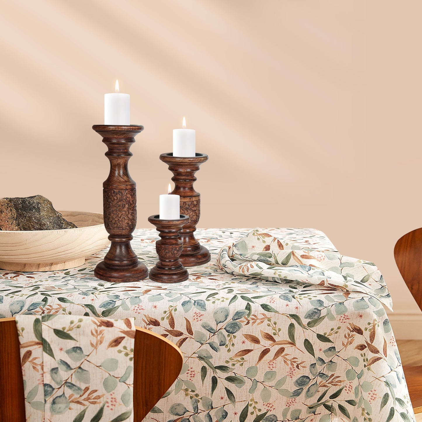 Hand Carved Wooden Pillar Candle Holders - Set of 3 |Carving Decorative Style | Crafted from Mango Wood | Rustic Table Centerpiece Decor | Sized 6", 9" and 12" - Dark Burnt