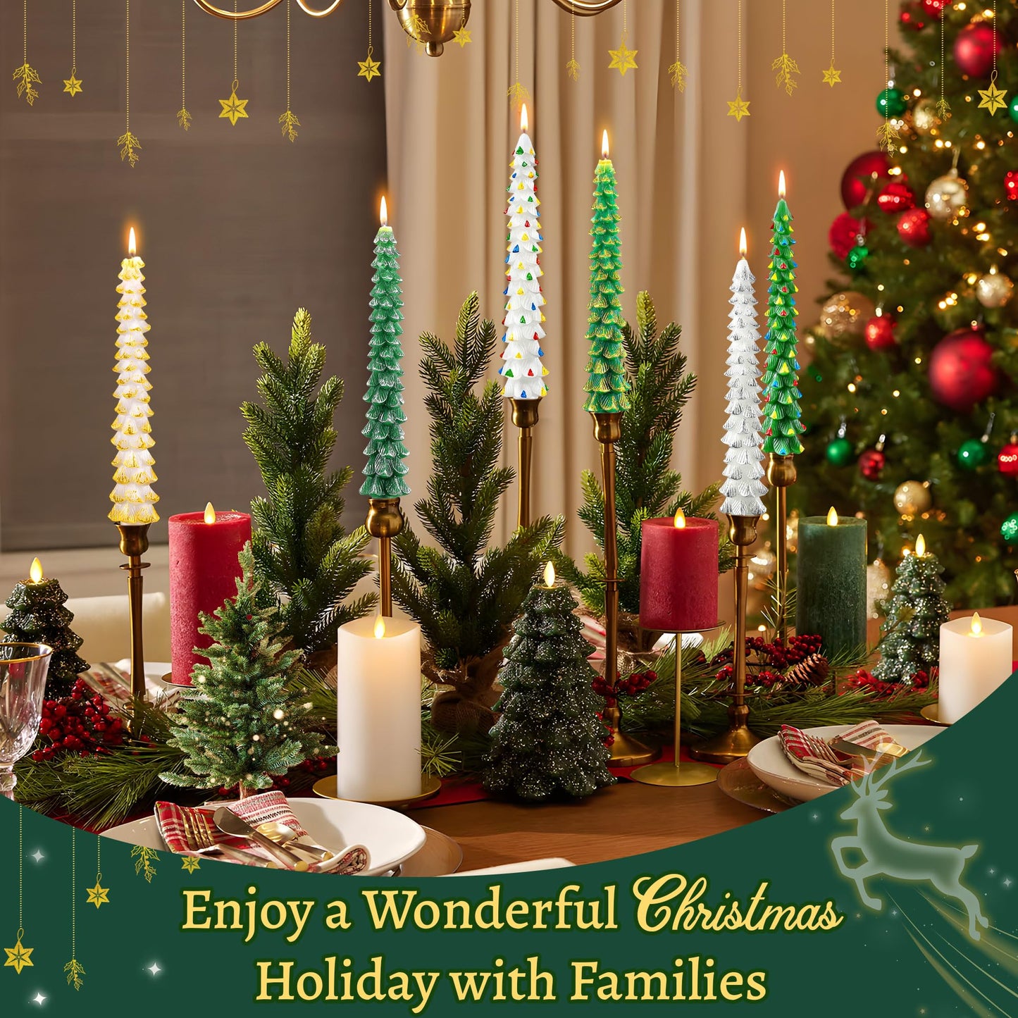 Ceoighe 4 Pack 10 Inch Christmas Tree Candles, Premium Natural Unscented Beeswax Christmas Tree Shaped Taper Candles with Cotton Wick, for Xmas Holiday Decor Party Banquet (White with Gold Trim)