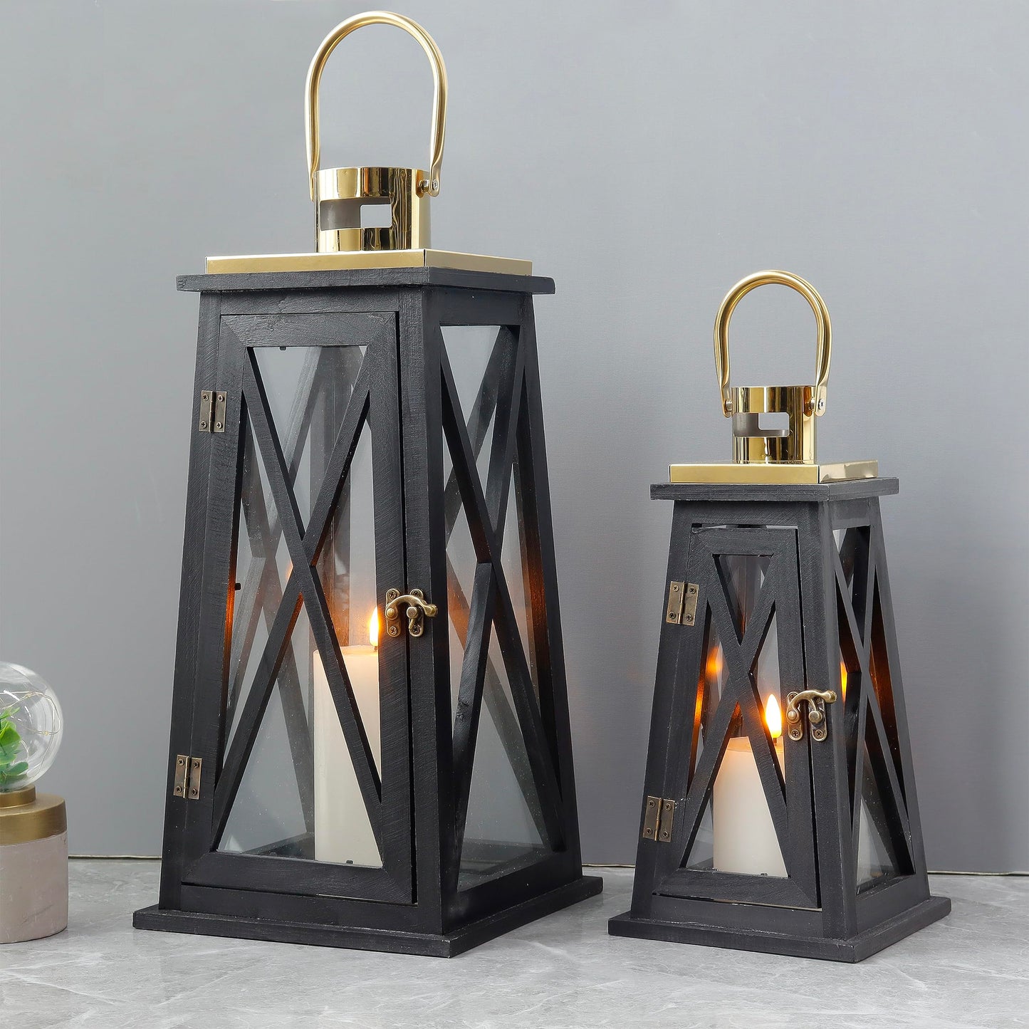 TRIROCKS Set of 2 Farmhouse Wood Candle Lantern 22'' &15.5'' H Decorative Candle Holders with Tempered Glass Rustic Hanging Lantern for Garden Patio Wedding Parties Indoor Outdoor(Black Trapezoid)