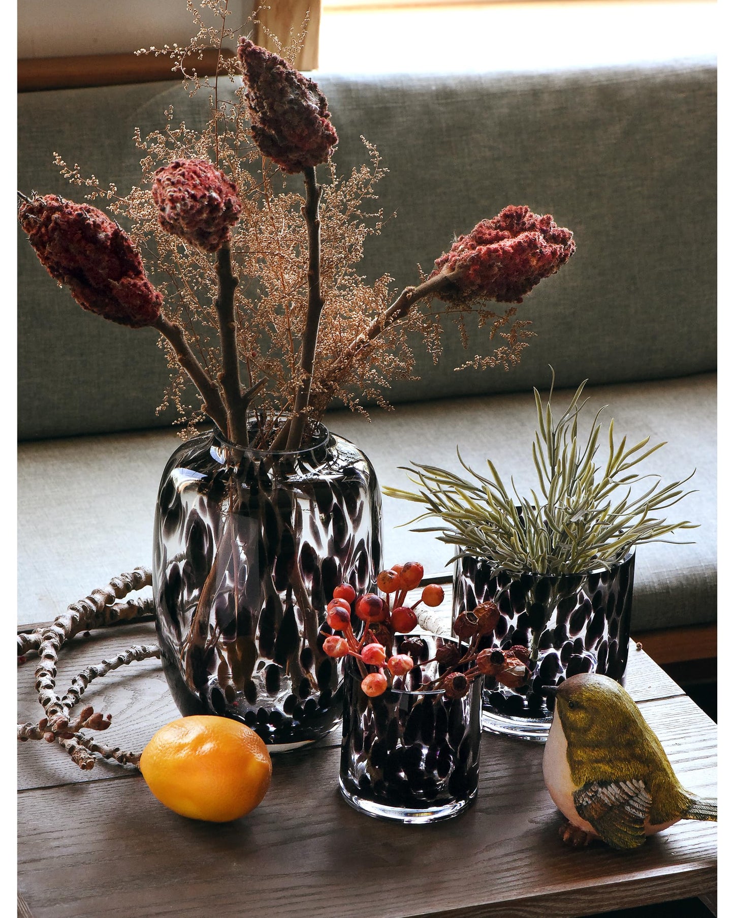 CONVIVA Glass Vase and Candle Holder Set, 3-Piece,Modern Fall Decor Table Centerpiece Thanksgiving Christmas Day Gift Idea,Flower Vase Black Tortoise Pattern