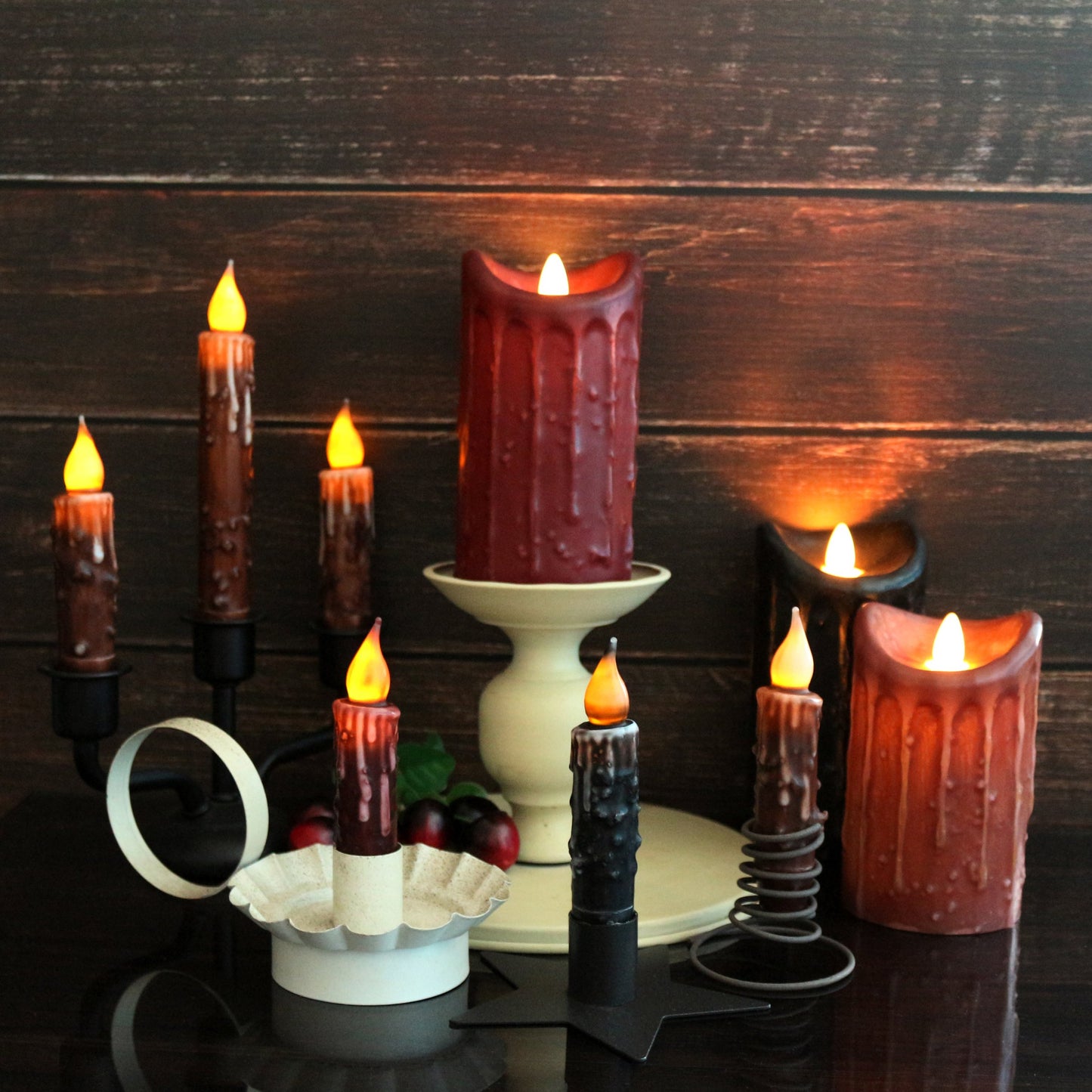 CVHOMEDECO. Real Wax Hand Dipped Battery Operated LED Timer Taper Candles Country Primitive Flameless Lights Décor, 4-3/4 Inch, Brown, 3 PCS in a Package