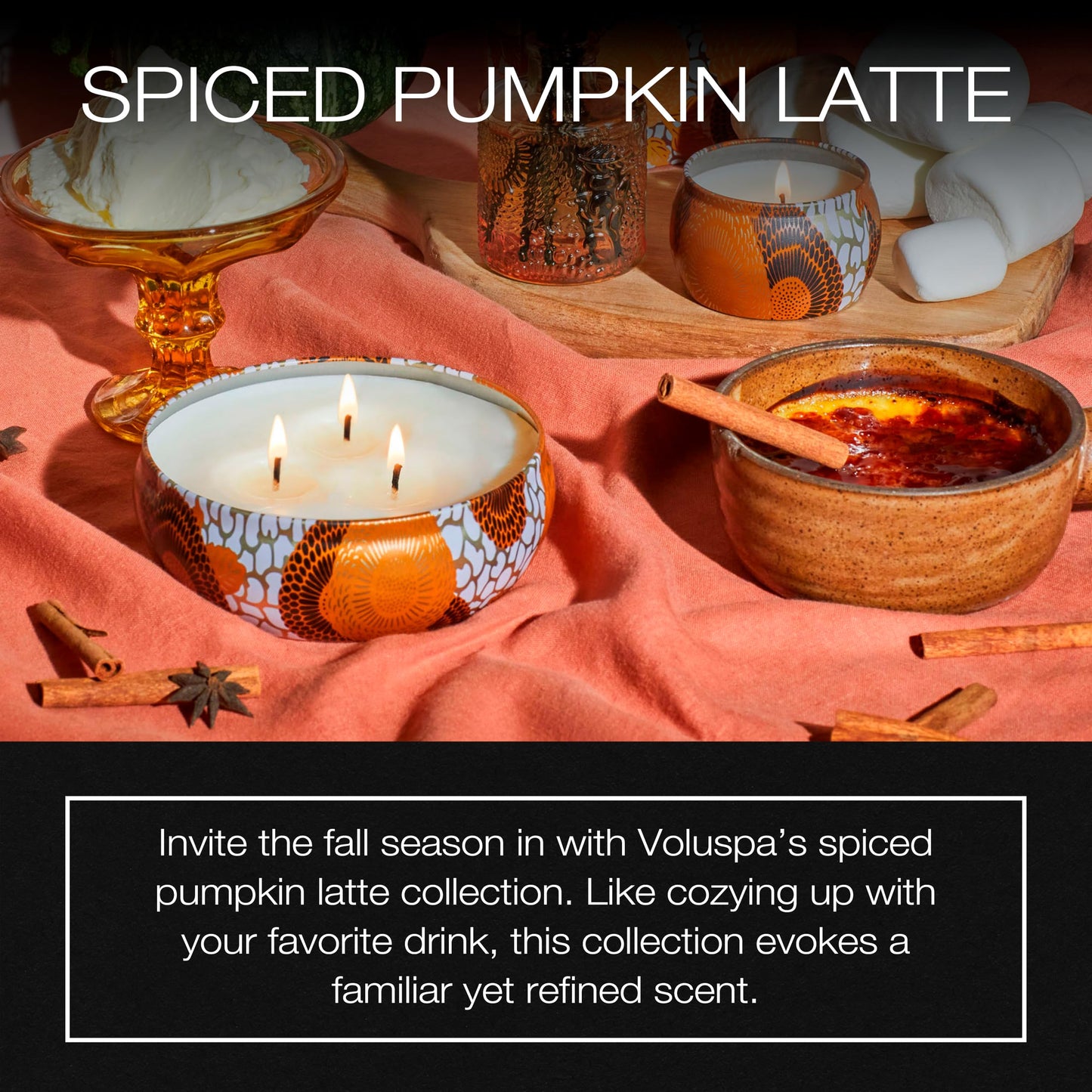 Voluspa Spiced Pumpkin Latte, 3 Wick Tin Candle, 12 Ounce, 40 Hour Burn Time, Coconut Wax for Clean Burning, Handcrafted in the USA