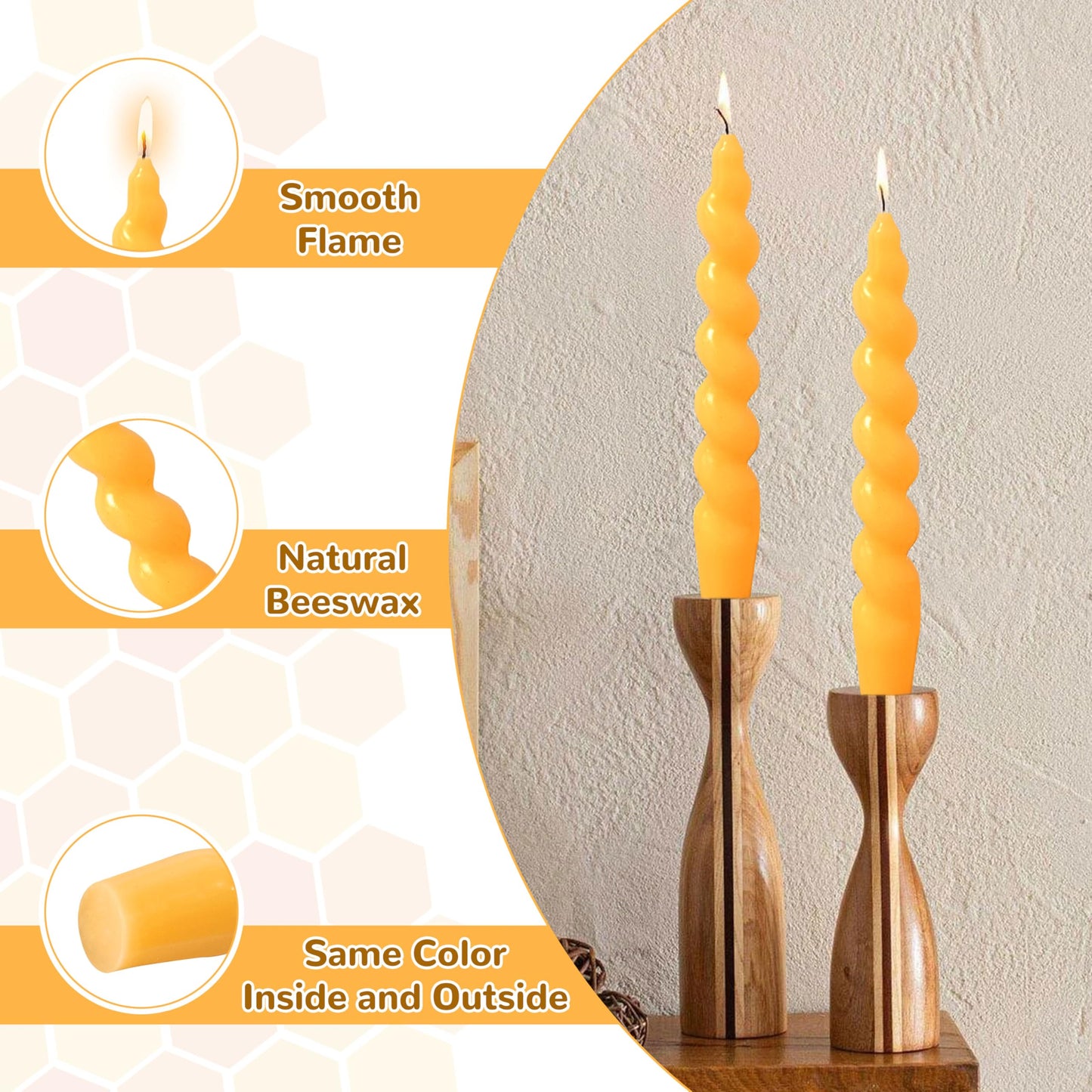 Beeswax Taper Candles Spiral Candle,XINAOBAOLUO 7.5inches Twisted Pure Bees Wax Candlestick Non Toxic Candle Handmade Natural Honey Candlestick Set for Table Home Decor Meditation 2pcs
