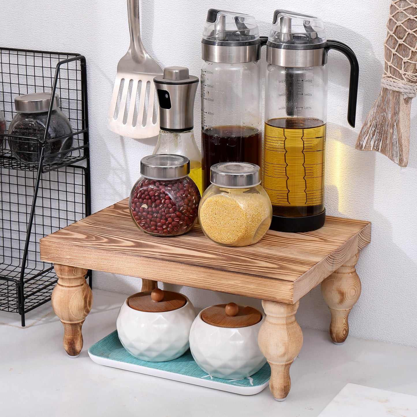 Elynice Decorative Wood Risers for Display - 12 x 9 x 5.5 Wood Pedestal Stand Table for Farmhouse Decor, Kitchen Counter Display - Wooden Kitchen Soap Tray