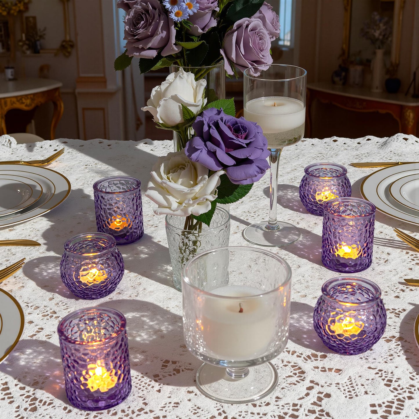 24-Piece Purple Glass Votive Candle Holders Set – Tealight Candle Holder Glass Bulk with 12 Round & 12 Hammered Textured Cups, Purple Votive Candle Holders for Weddings, Parties, Home