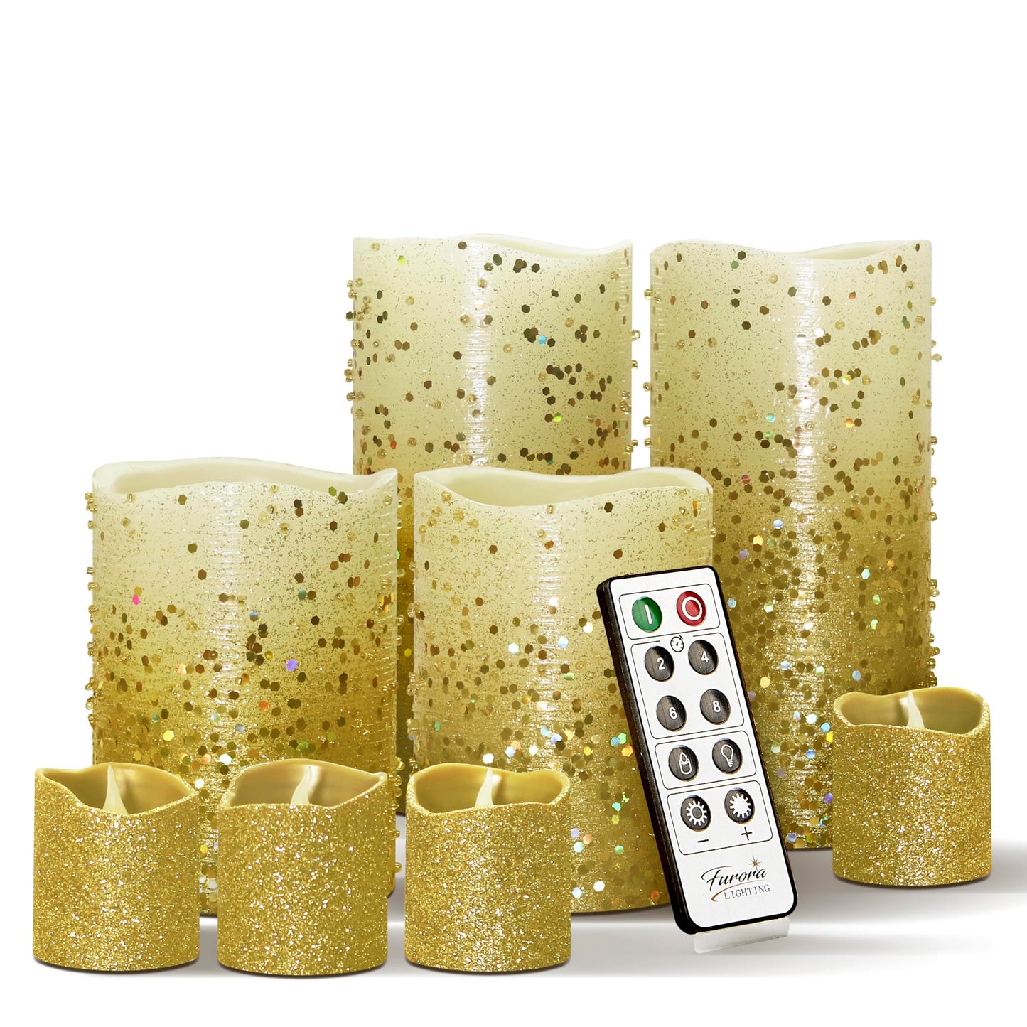 FURORA LIGHTING Gold Glitter Flameless Candles - Real Wax, Adjustable Brightness, Remote & Timer - 4 Pillars (3x4, 3x6) and 4 Votives, 8-Pack, Battery Operated