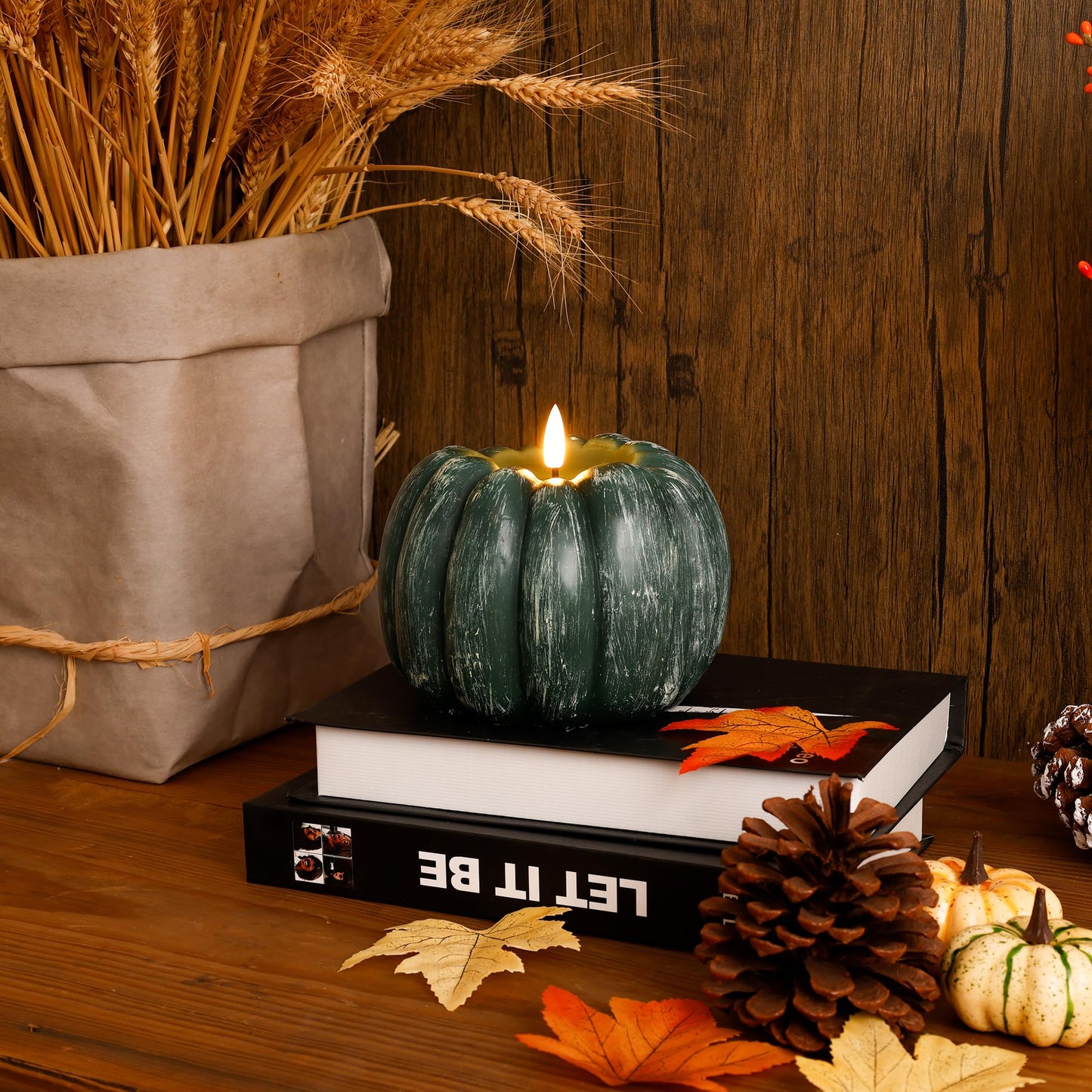 JOIONE Fall Flameless Led Pumpkin Candles with Remote, Real Wax Pumpkin Shaped Battery Operated Flickering Candles with Timer for Thanksgiving Decor, Fall Harvest Decor, Halloween Decorations, Green
