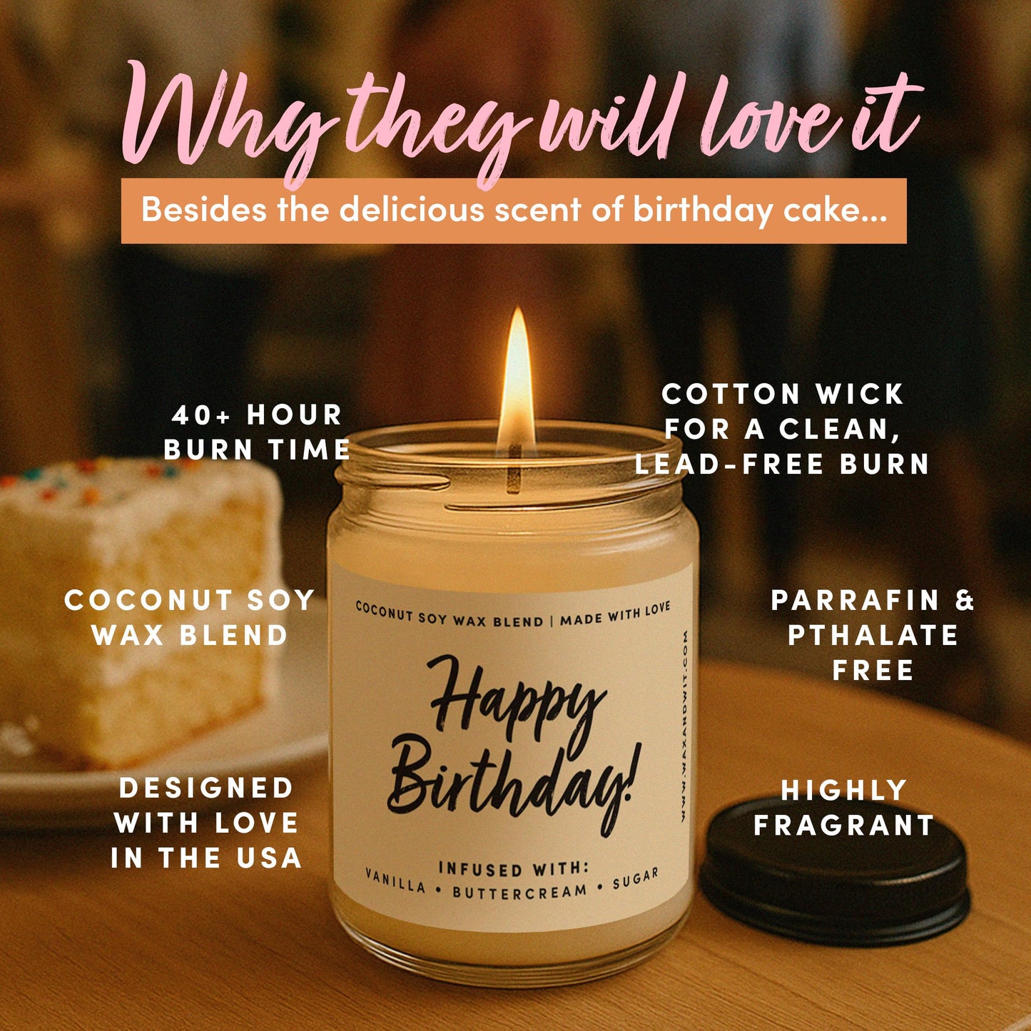 WAX & WIT Birthday Gifts for Women, Happy Birthday Candle – Scented with Vanilla, Buttercream and Sugar - 9oz, Soy Wax, 50 Hour Burn, Premium Candle Gift for Her, Friend, Daughter, Sister, Wife
