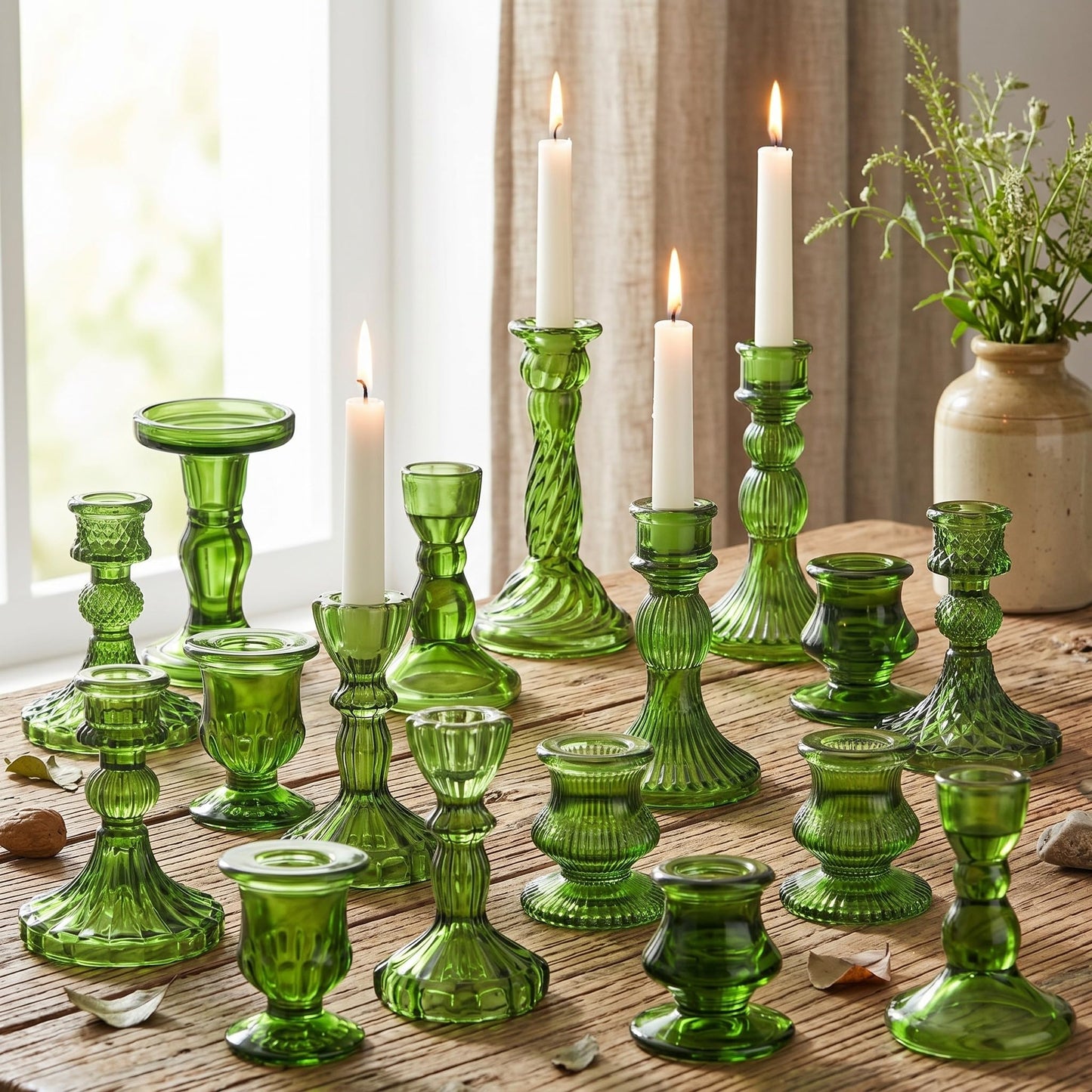 Mumufy 20 Pcs Glass Crystal Taper Candle Holders Clear Glass Candlestick Holder Fit 0.8 Inch Candles Crystal Decorative Candle Stand Centerpiece Table Wedding Dining Party(Green)
