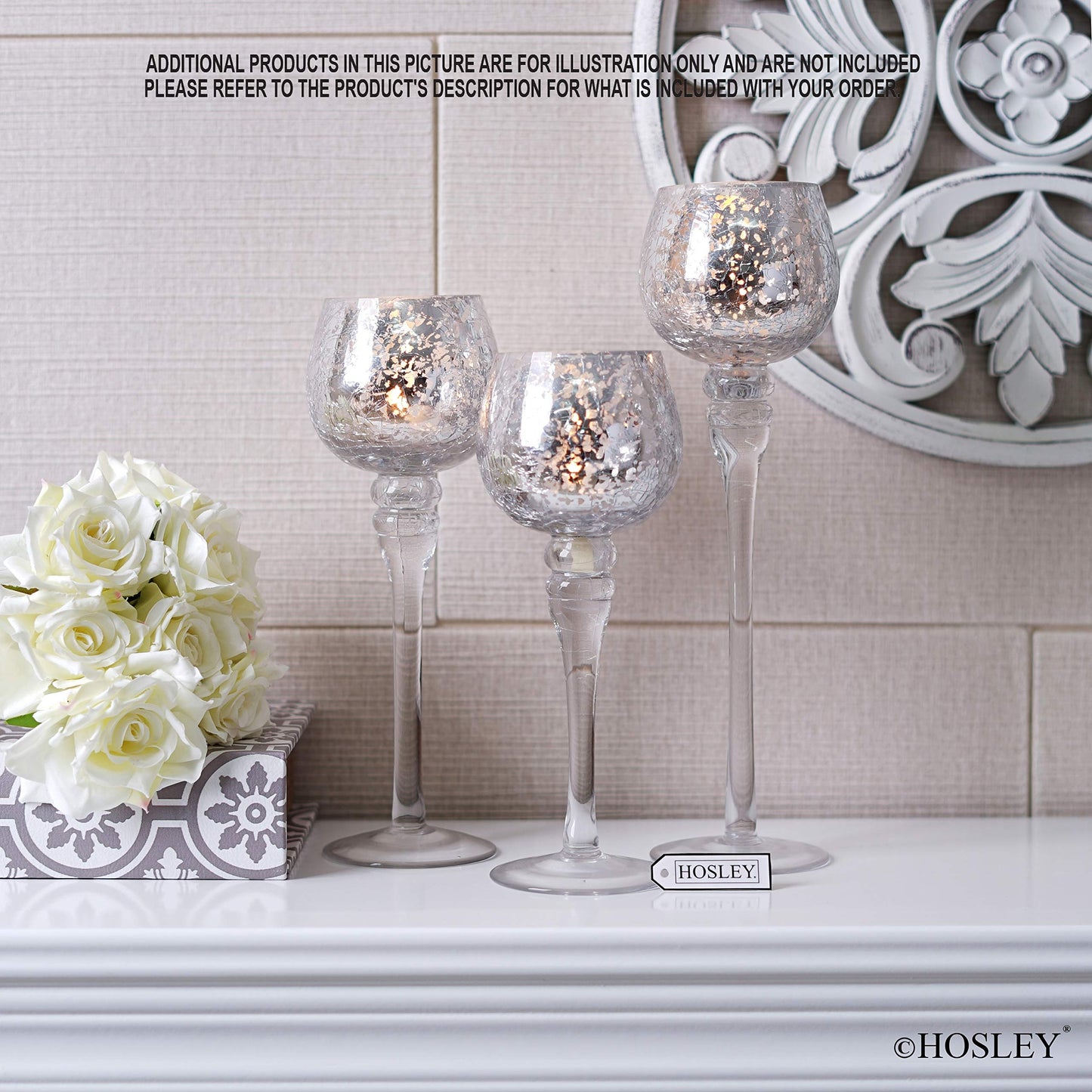 Hosley Set of 3 Crackle Metallic Glass Tealight Holders 12 Inch, 10 Inch, 9 Inch Elegant Home Decor for Ambient Lighting and Stylish Centerpieces and Gift