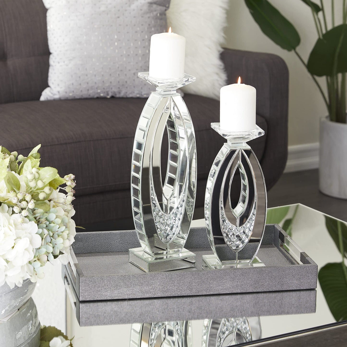 Deco 79 Glass Decorative Candle Holder Pillar Candle Stand with Mirrored Accents and Crystals, Set of 2 Candlestick Holder 17", 13" H, Silver