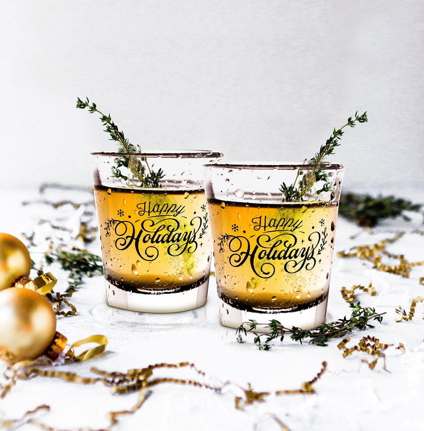 Bisyata Christmas Shot Glass Gift Set - Happy Holidays - For Thanksgiving - Glass Drinkware or Votive Candle Holder for Table Decoration - 2oz Set of 6 With Gift Box
