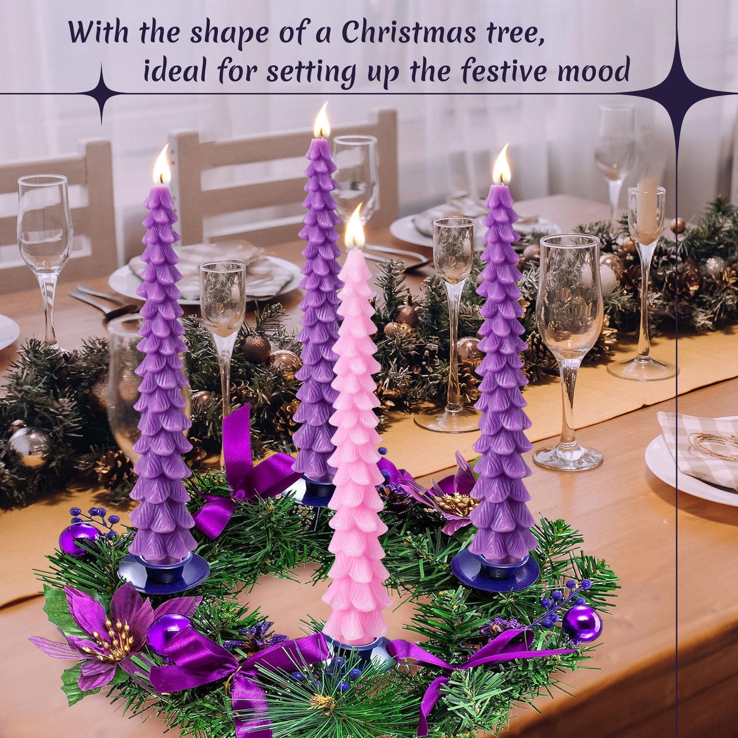 Ceoighe 4 Pcs 10 Inch Advent Candle Set, Natural Beeswax Christmas Taper Candles for Xmas Decor, Unscented Advent Candle Christmas Tree Shaped for Holiday Decoration, Party, Banquet