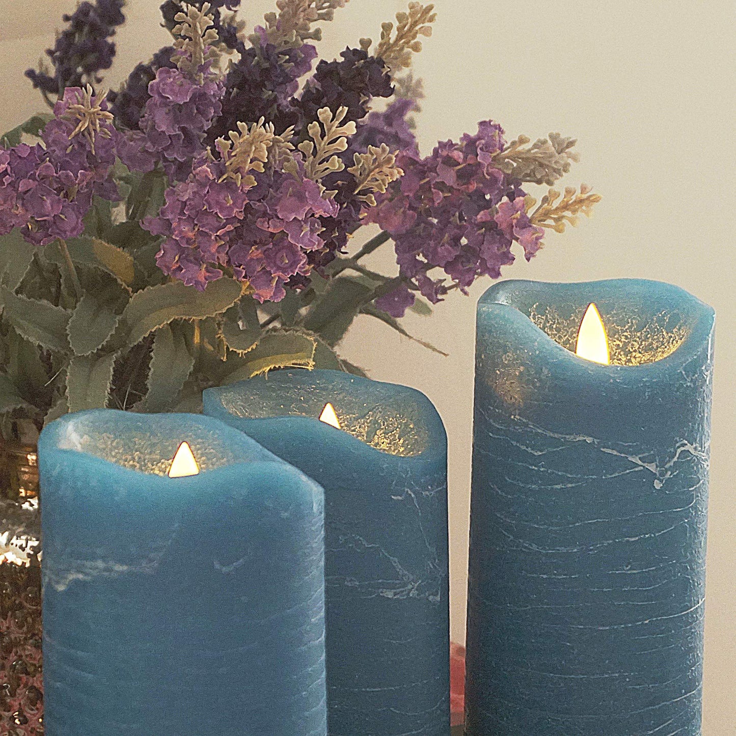 iZAN 3 Pack Real Wax Flameless Candles Battery Operated LED Pillar Flickering Realistic Electric Candle Gift Sets with Remote Control and Cycling 24 Hours Timer 3”D X 4" 5" 6" H (Blue)