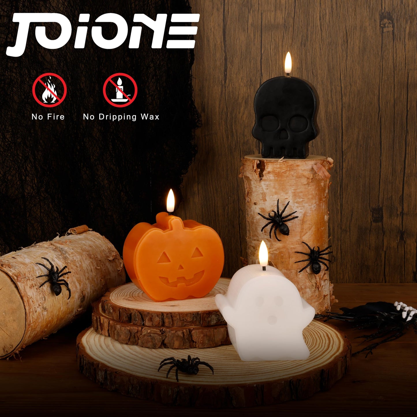 JOIONE Halloween Flameless Candles with Remote, 3D Flickering Flame Real Wax LED Battery Operated Candles, Cute Pumpkin & Ghost & Skull Halloween Candle for Party and Home Decorations, Set of 3