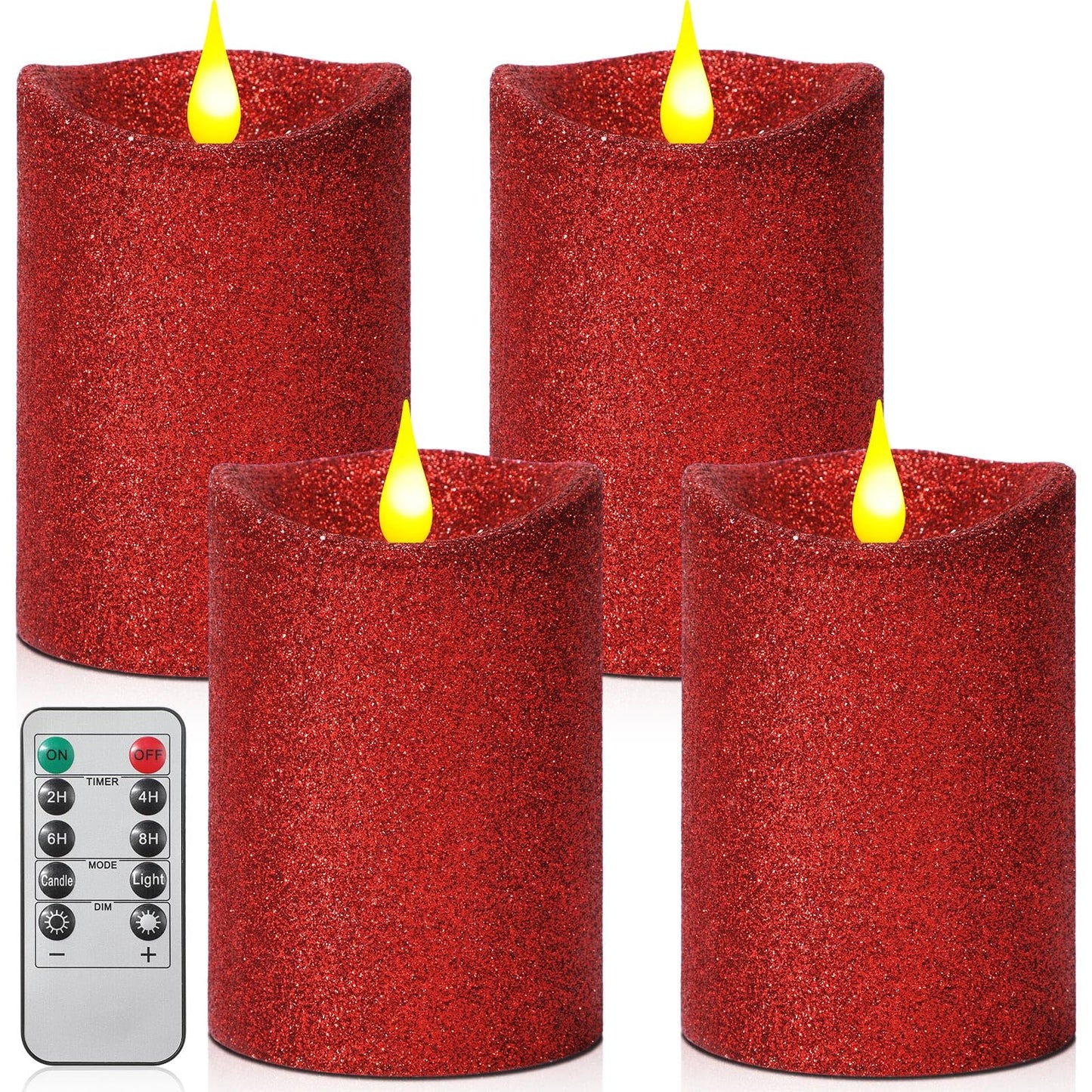 Retisee 4 Pack Valentine's Day Red Glitter Flameless Candles 3.5 x 5 Inches Flickering Flame Wick Pillar Battery Operated Real Wax LED Candles with Remote for Anniversary Wedding Home Decor
