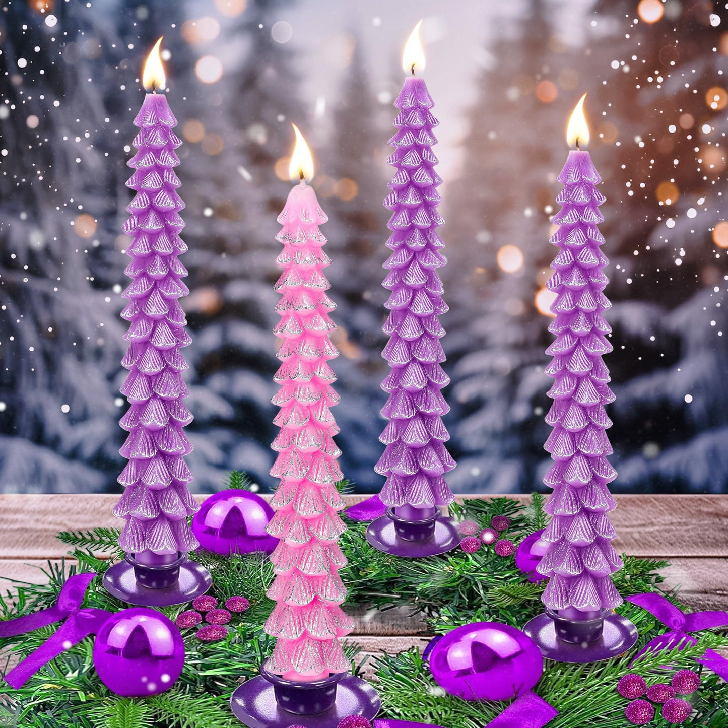 Enhon 4 Pcs Advent Candles Set, 10 Inch Tree Shaped Taper Candles, Unscented Beeswax Christmas Advent Wreath Candle for Xmas, Holiday, Church, Party, or Home Decor (Silver Rim,Purple,Pink)