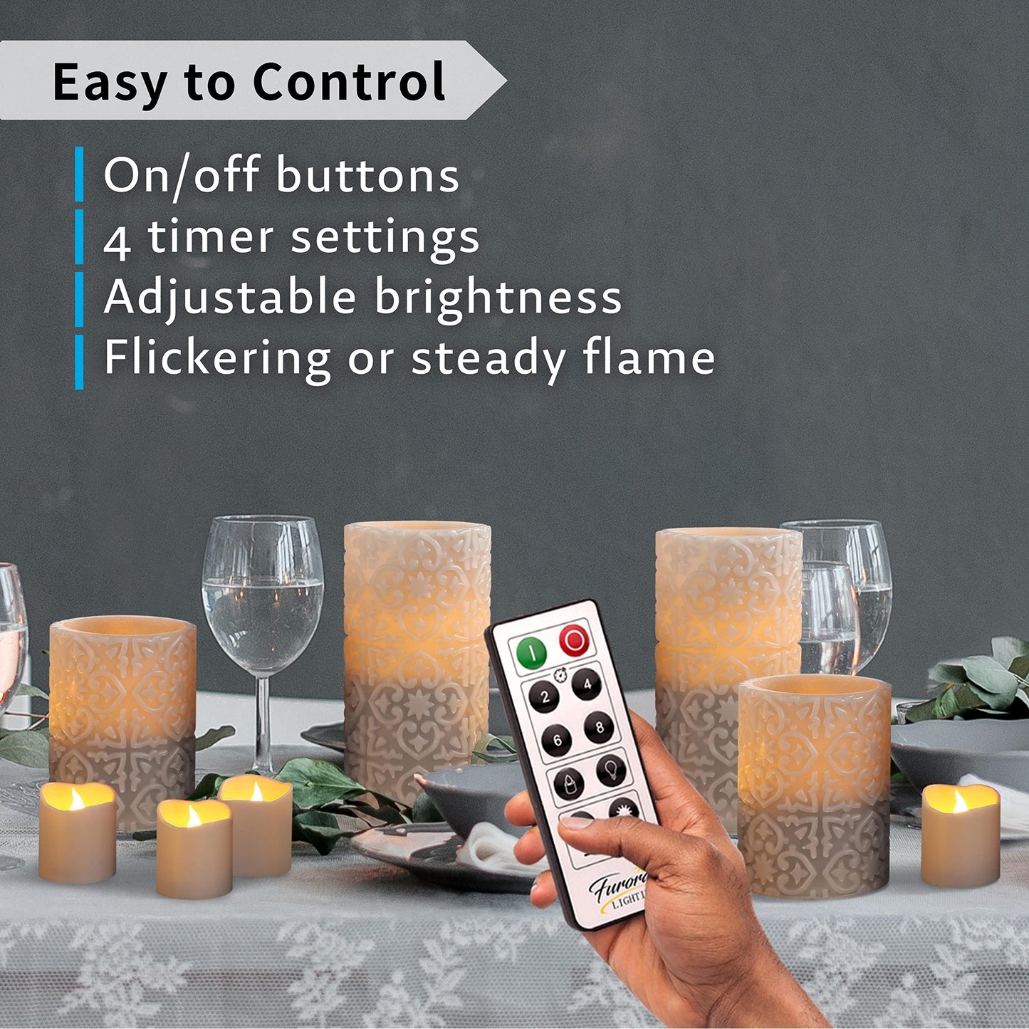 FURORA LIGHTING Grey Rome Flameless Candles - Real Wax, Adjustable Brightness, Remote & Timer - 4 Pillars (3x4, 3x6) and 4 Votives, 8-Pack, Battery Operated