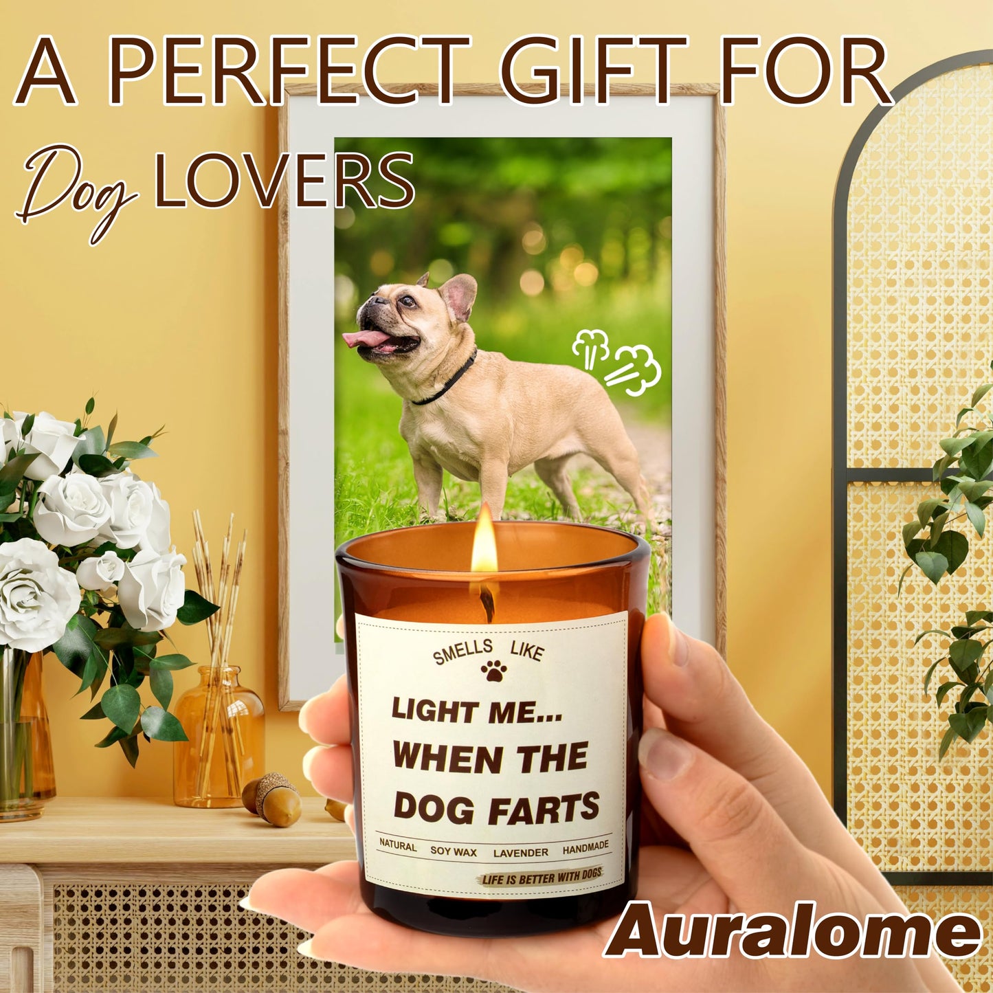 Auralome Candle Gifts for Women - Dog Mom Candles Lavender Light Me When The Dog Farts Pet Friendly Safe Scented Candle Themed Gifts Soy Wax Present Idea Funny for Pet Lovers Home Decor