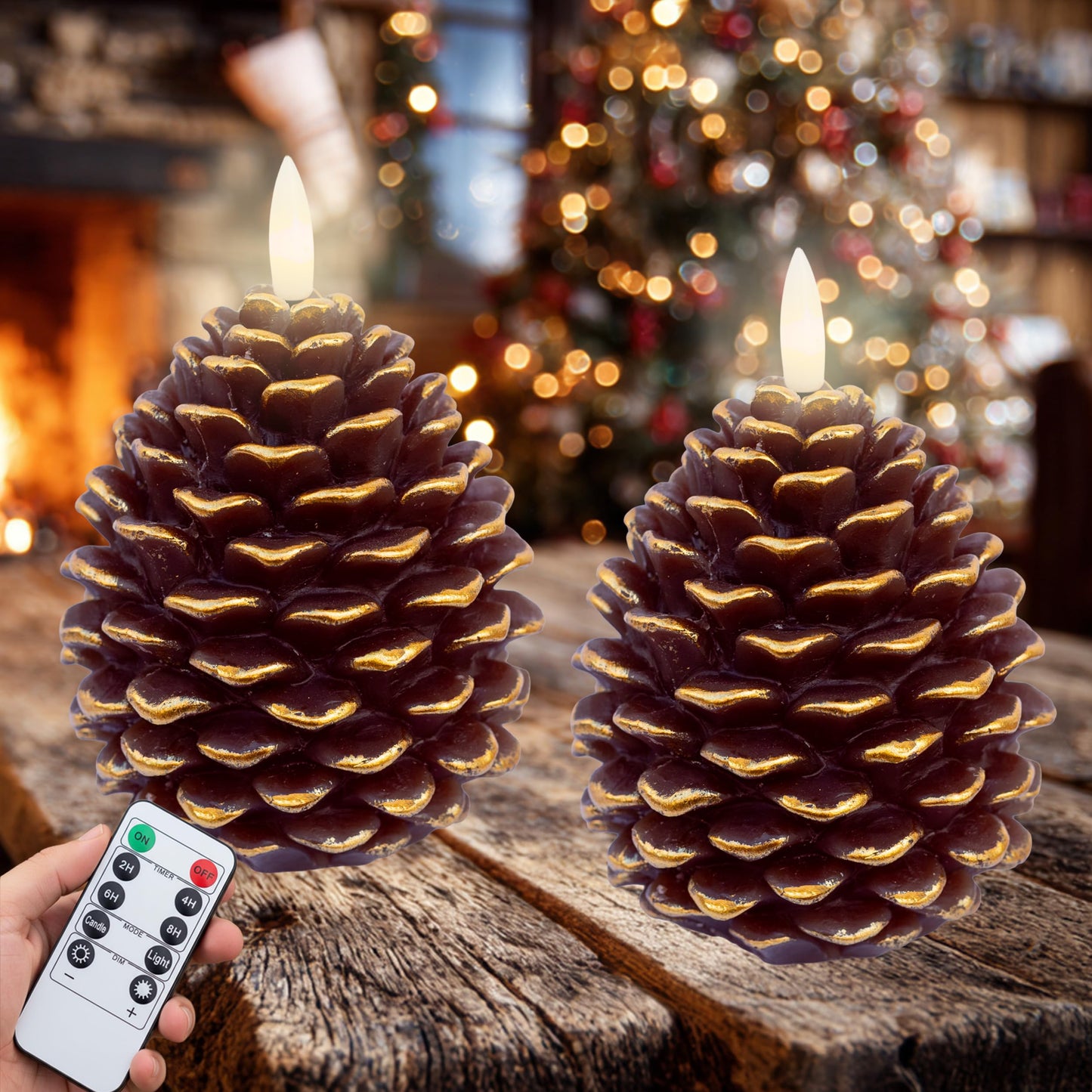 AXYLEX Pine Cone Candles Battery Operated, Pinecones with Remote and Timer, LED Flameless Real Wax Flickering Candle for Christmas Decor. H 5.5 Inch, Pack of 2 (Golden-Brown)