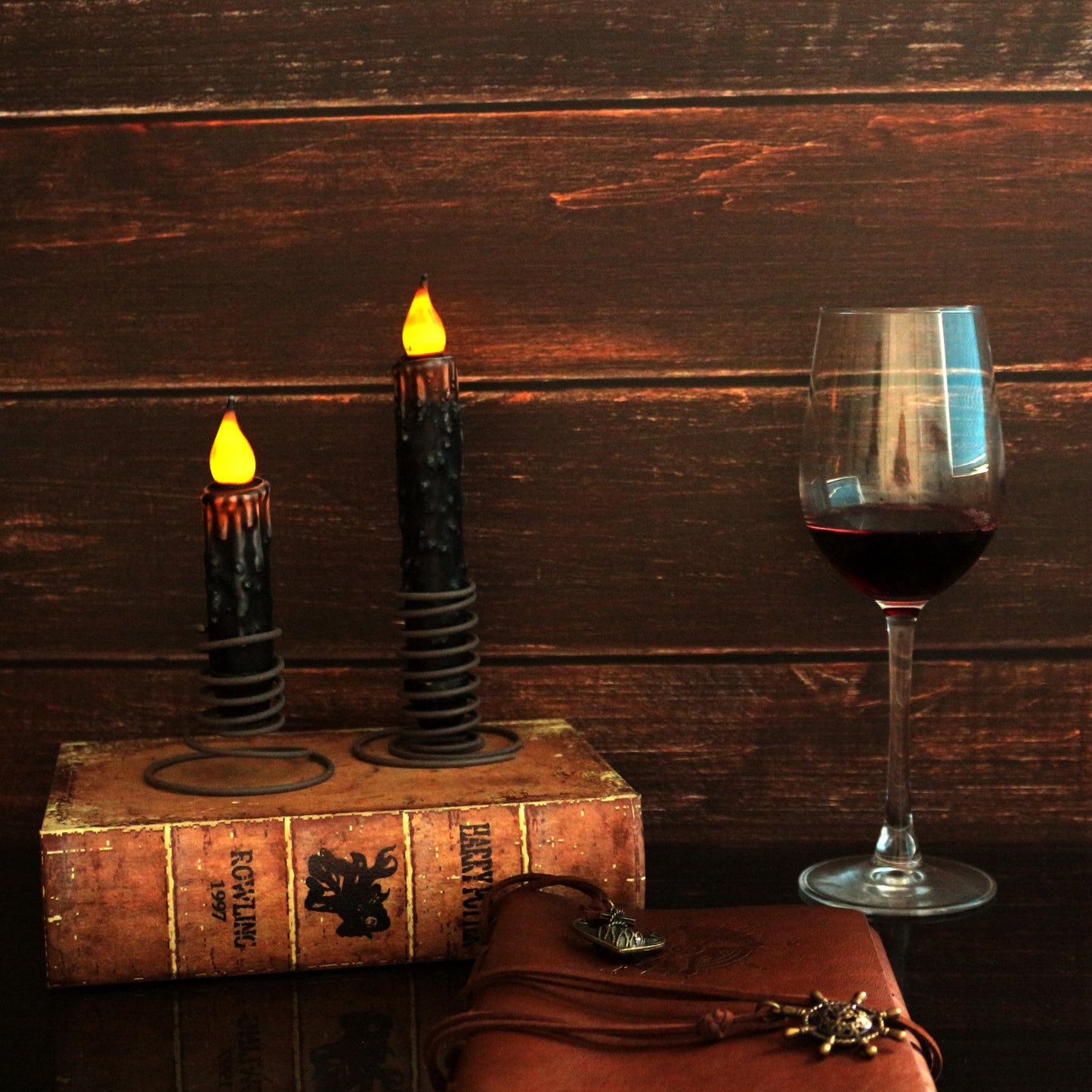 CVHOMEDECO. Real Wax Hand Dipped Battery Operated LED Timer Taper Candles Rustic Primitive Flameless Lights Décor, 6-3/4 Inch, Matt Black, 6 PCS in a Package