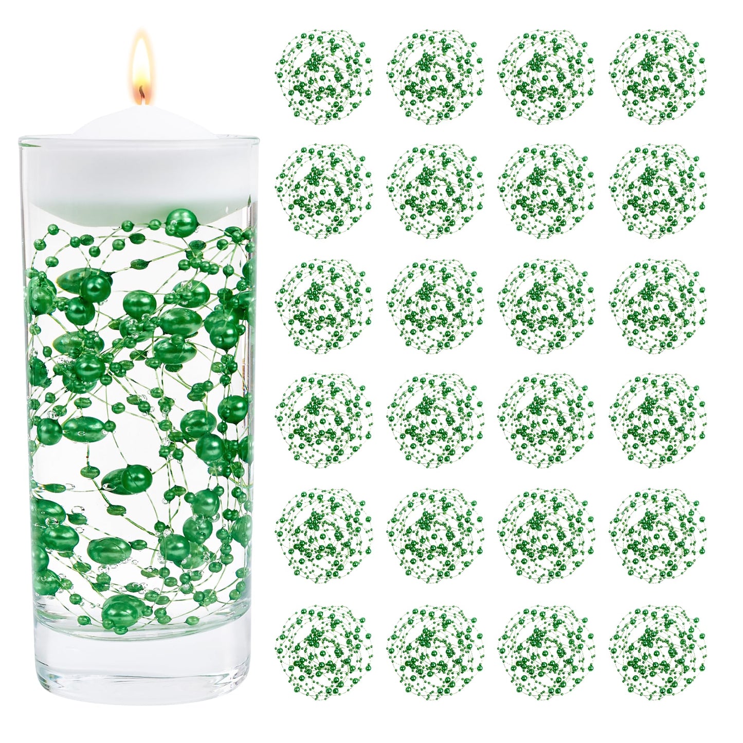 YATOJUZI 30 PCS Artificial Pearl String Green Vase Filler Floating Pearls for Vases Centerpieces Faux Pearl Beads String Decorations Wedding Holiday Party Decor