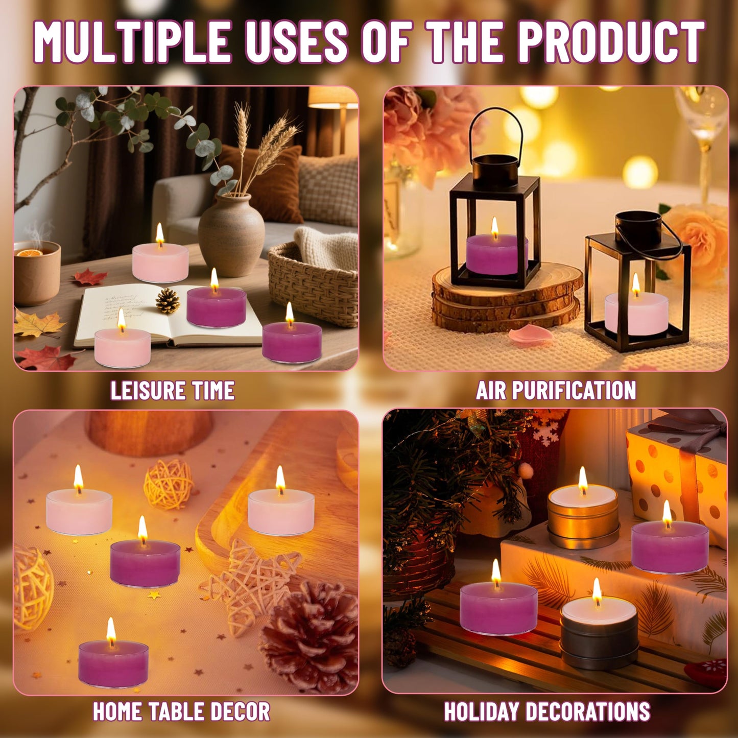 Scented Tealight Candles - 9 Deep Purple 3 Light Pink Tea Lignt Candles for Christmas Advent Holiday Mantel Decor Bath Relaxation, Perfect for Home Use and Gifting