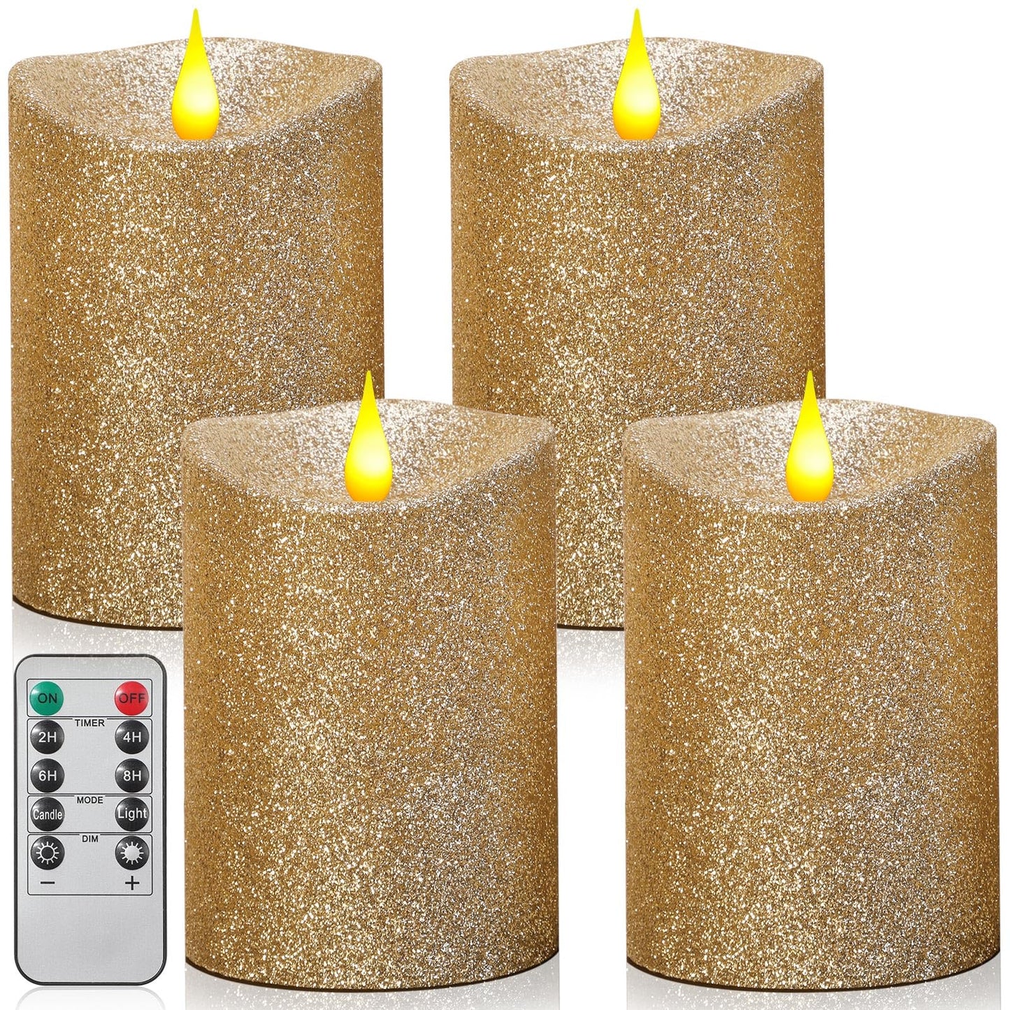 Retisee 4 Pack Valentine's Day Ivory Glitter Flameless Candles 3.5 x 5 Inches Flickering Flame Wick Pillar Battery Operated Real Wax LED Candle with Remote for Anniversary Wedding Birthday Home Decor
