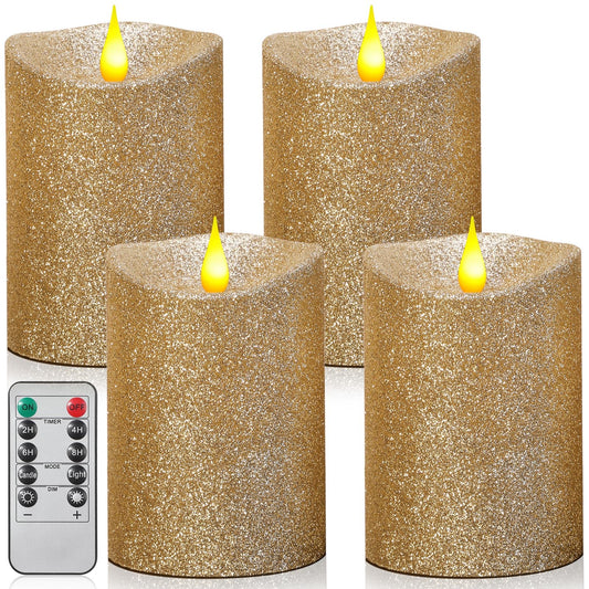Retisee 4 Pack Valentine's Day Ivory Glitter Flameless Candles 3.5 x 5 Inches Flickering Flame Wick Pillar Battery Operated Real Wax LED Candle with Remote for Anniversary Wedding Birthday Home Decor