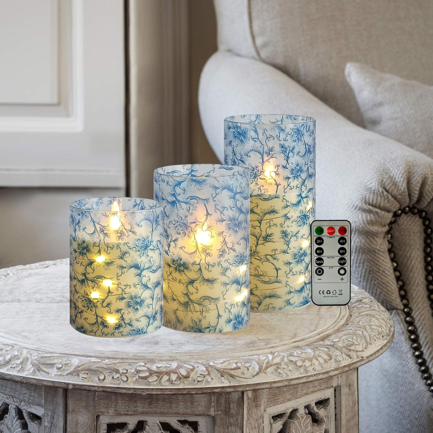Flickering Flameless Candles Blue Floral Print, Embedded Star String Lights, Battery Operated Acrylic LED Pillar Candles with 11-Key Remote and Timer for Home Decoration, 3 Pack