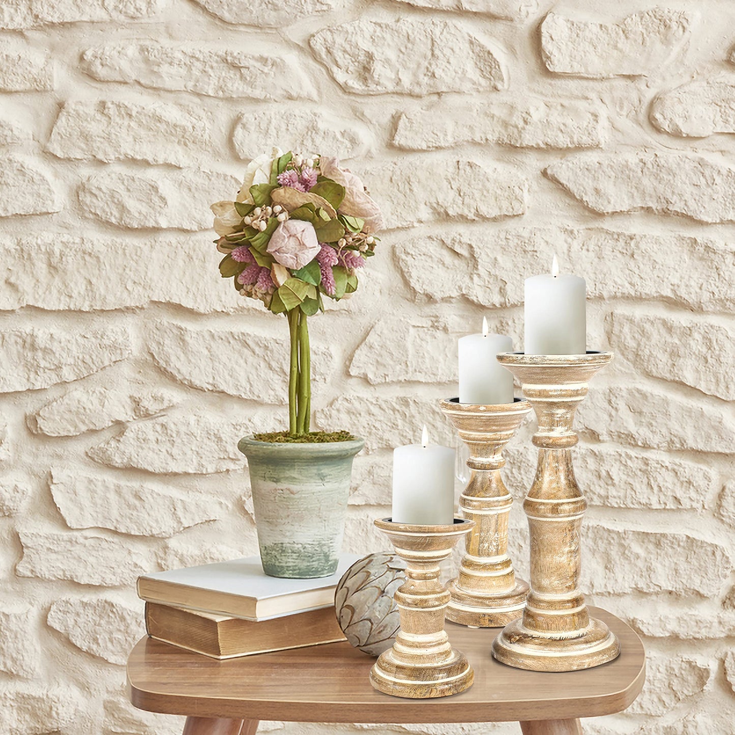 Candle Holder Stand Wooden, Pillar Candle Holders, Unity Candle Holders, Rounded Turned Colums, Country Style Ideal for Gift, Wedding, Christmas, Party, Home,Spa - 10,8,6 Inch- Set of 3, White Wash